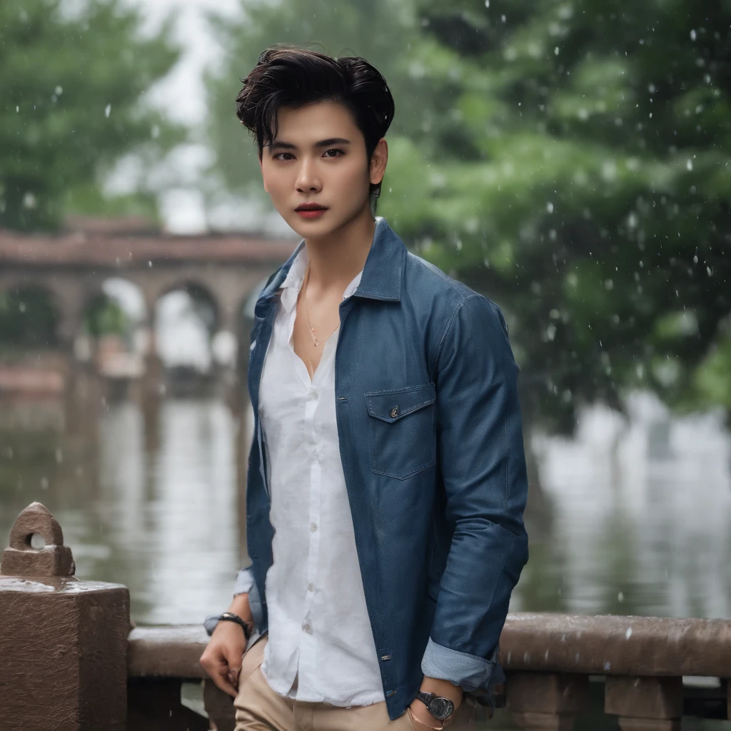 best images quality, tmasterpiece, 超高分辨率, (Fidelity:1.4), photore, 1 persons,Rained,rainwater, white shirt, worn jeans, White sneakers,water stain,soaking wet, Dimly lit, darkly, be desperate, pitying, Poor, cinematic ligh, teardrop, tear drop, (torn laundry:1.5), (wetclothes:1.4), exposed bare shoulders, Real rain, Wet hair,