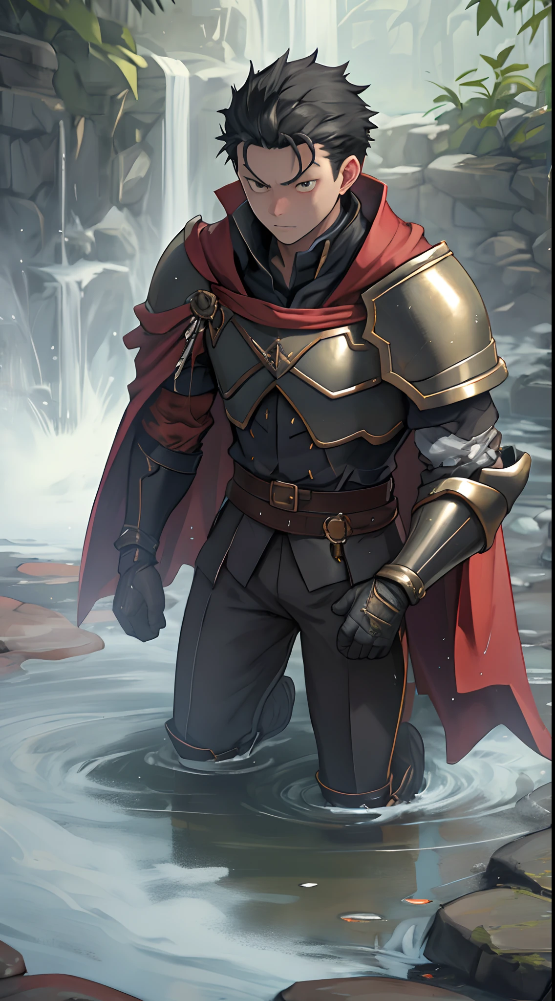 (1 Adult male),A high resolution, Sharp focus, Pixiv masterpiece, ((Complicated details)), highly detailed, natsuki_subaru, 1 man,Wear tight combat uniforms,Wear armor,perfect male figure,Urine on the trouser leg, Nervously bow your head,is shy,embarressed,exhilarated,is shocked,panicking,worry,A pool of urine formed around him,Very eager to pee,Unbearable,Wet yourself,Urine discharge,full bodyesbian,kneels on the ground,Tired,decadent, Yellow eyes(eyes glowing), Black hair short hair,Armour,Tie a belt,Cloaked,Cloak,Shoulder armor,perspire,Drenched,Get wet,pissing,urine flows down the pants,look from down
