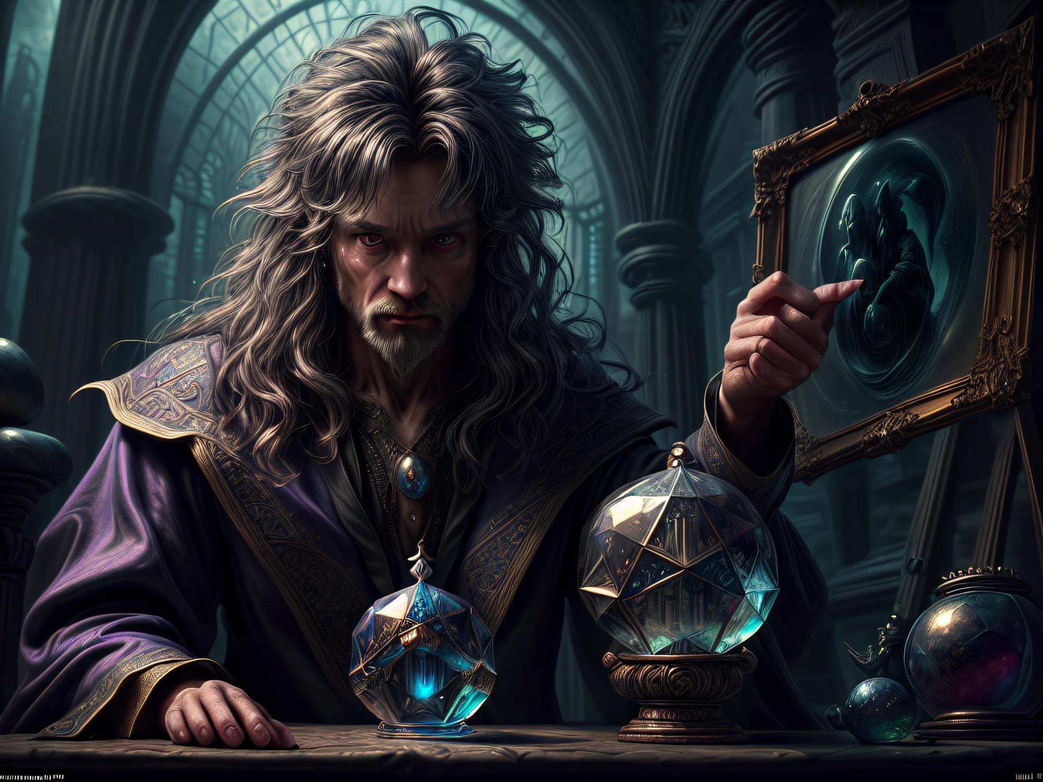 high details, best quality, 8k, [ultra detailed], masterpiece, best quality, (extremely detailed), dynamic angle, ultra wide shot, photorealistic, RAW, fantasy art, dnd art, fantasy art, realistic art, a wide angle view wallpaper of a wizard (intense details, Masterpiece, best quality: 1.5) looking into his crystal ball (intense details, Masterpiece, best quality: 1.5), seeing a cellphone in the crystal ball  (intense details, Masterpiece, best quality: 1.5) [[ a cell phone within the crystal ball]] (intense details, Masterpiece, best quality: 1.5), human male wizard, fantasy wizard (intense details, Masterpiece, best quality: 1.5), D&D wizard, young human male (intense details, Masterpiece, best quality: 1.5), [[anatomically correct]], dynamic hair, dynamic eyes, wearing magical robe (intense details, Masterpiece, best quality: 1.5), dynamic colors, ultra detailed face (intense details, Masterpiece, best quality: 1.5), in his laboratory (intense details, Masterpiece, best quality: 1.5), many magical tomes, magical library (intense details, Masterpiece, best quality: 1.5), many magical vials, ultra wide angle from a medium distance