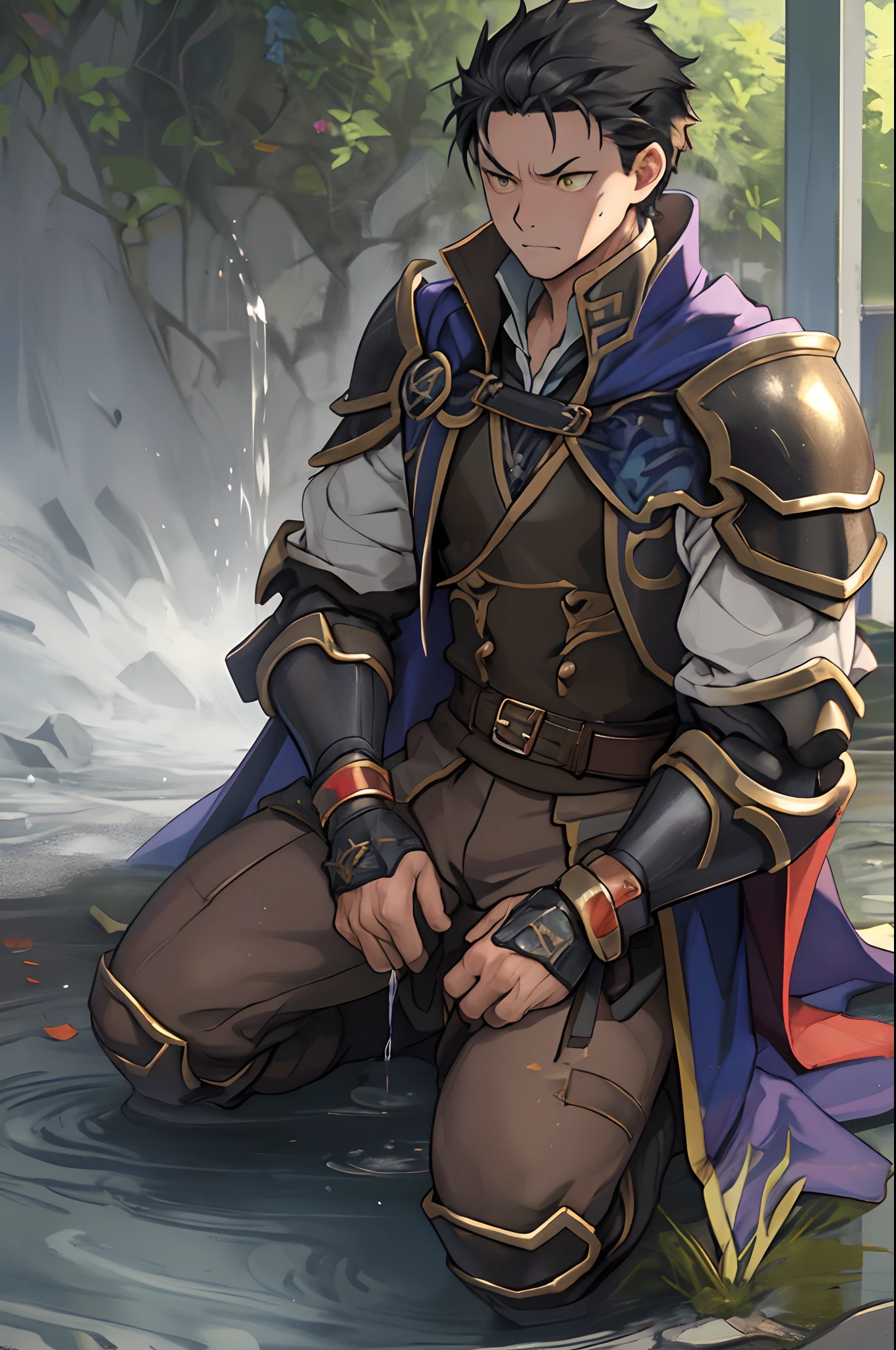 (1 Adult male),A high resolution, Sharp focus, Pixiv masterpiece, ((Complicated details)), highly detailed, natsuki_subaru, 1 man,Wear tight combat uniforms,Wear armor,perfect male figure,Urine on the trouser leg, Nervously bow your head,is shy,embarressed,exhilarated,is shocked,panicking,worry,A pool of urine formed around him,Very eager to pee,Unbearable,Wet yourself,Urine discharge,full bodyesbian,kneels on the ground,Tired,decadent, Yellow eyes(eyes glowing), Black hair short hair,Armour,Tie a belt,Cloaked,Cloak,Shoulder armor,perspire,Drenched,Get wet,pissing,urine flows down the pants,look from down