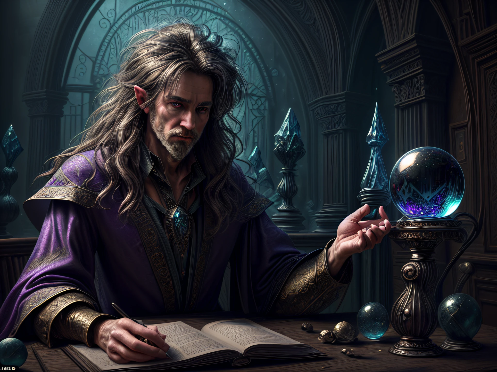 high details, best quality, 8k, [ultra detailed], masterpiece, best quality, (extremely detailed), dynamic angle, ultra wide shot, photorealistic, RAW, fantasy art, dnd art, fantasy art, realistic art, a wide angle view wallpaper of a wizard (intense details, Masterpiece, best quality: 1.5) looking into his crystal ball (intense details, Masterpiece, best quality: 1.5), seeing a cellphone in the crystal ball  (intense details, Masterpiece, best quality: 1.5) [[ a cell phone within the crystal ball]] (intense details, Masterpiece, best quality: 1.5), human male wizard, fantasy wizard (intense details, Masterpiece, best quality: 1.5), D&D wizard, young human male (intense details, Masterpiece, best quality: 1.5), [[anatomically correct]], dynamic hair, dynamic eyes, wearing magical robe (intense details, Masterpiece, best quality: 1.5), dynamic colors, ultra detailed face (intense details, Masterpiece, best quality: 1.5), in his laboratory (intense details, Masterpiece, best quality: 1.5), many magical tomes, magical library (intense details, Masterpiece, best quality: 1.5), many magical vials, ultra wide angle from a medium distance