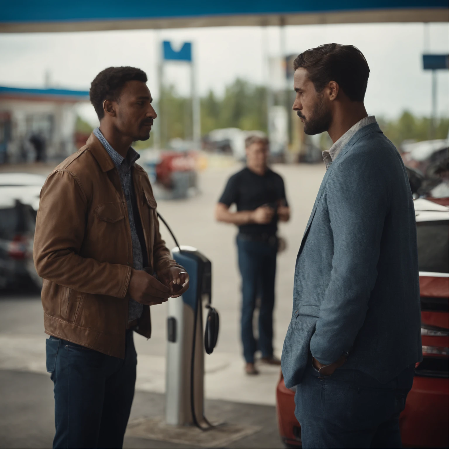 reporter interviewed man at a gas station during the day