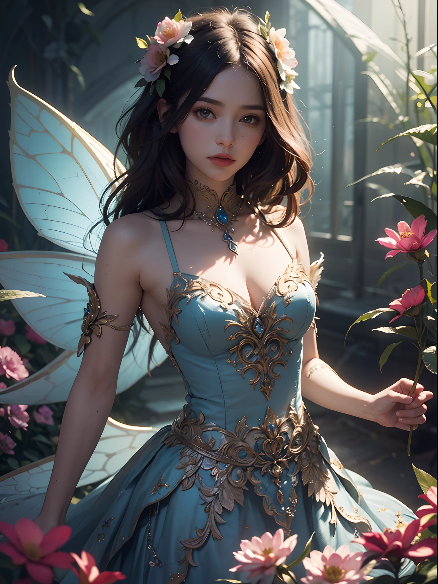 Unbeatable masterpiece, Ultra photo realsisim, Perfect artwork, Intricate details, Best quality, Strong light , High contrast, Dynamic pose, Dutch angle , Aggie , Flower fairy , Fairy with flowers in her hands , Drawn in edgFae style , worn edges,