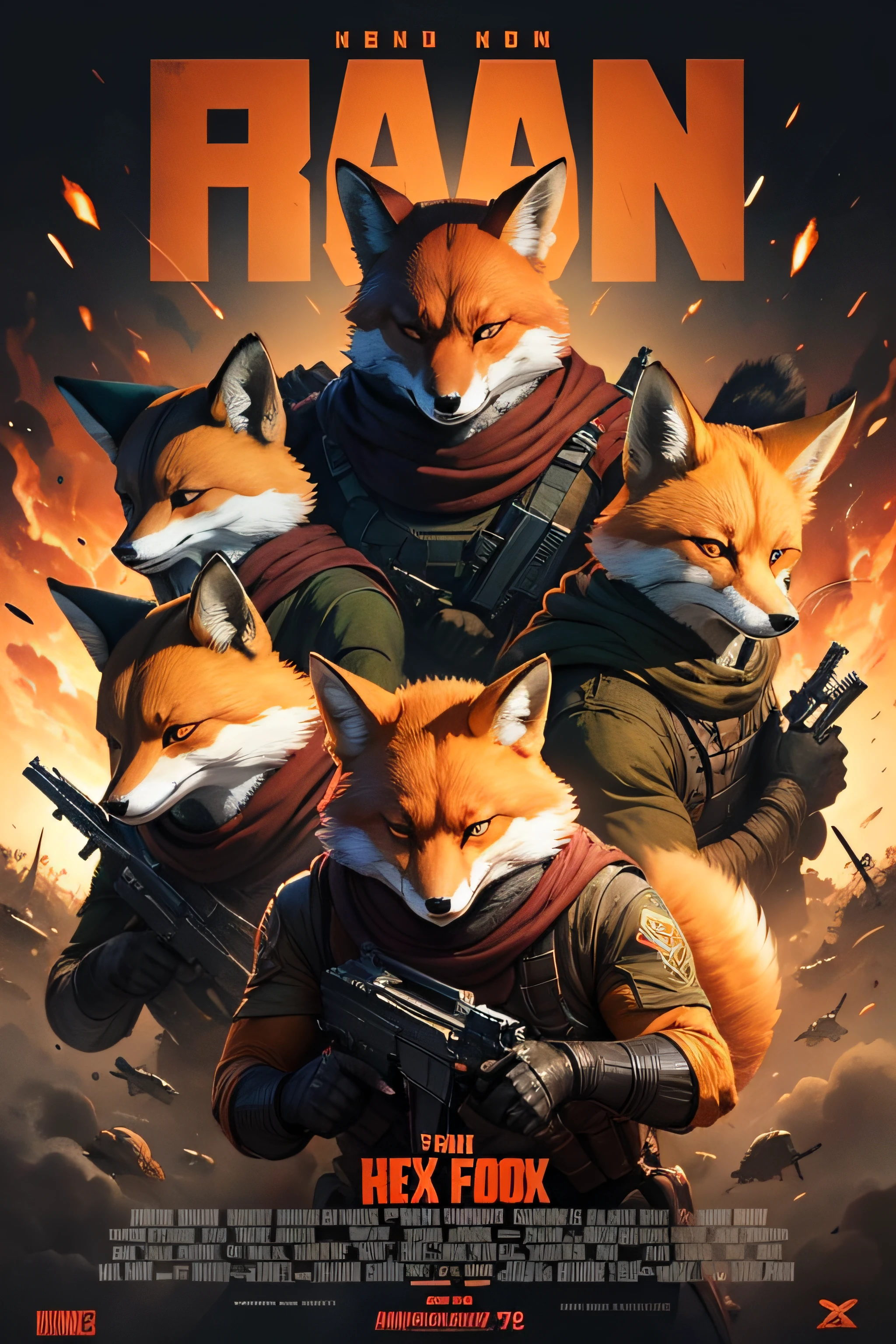 Armed fox　Lots of henchmen　army
Movie Posters（No writing）　Run to the side　With pets