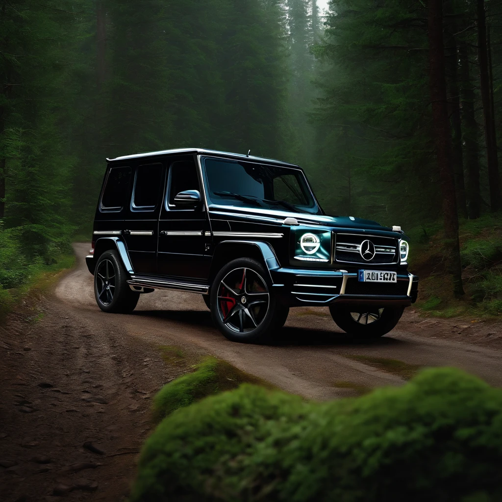 ultra-realistic image，Forest Road，Drive a Mercedes-Benz G off-road SUV