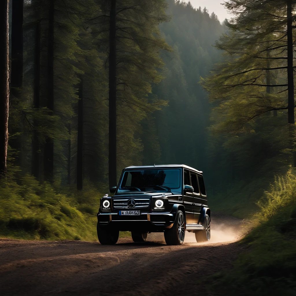 ultra-realistic image，Forest Road，Drive a Mercedes-Benz G off-road SUV