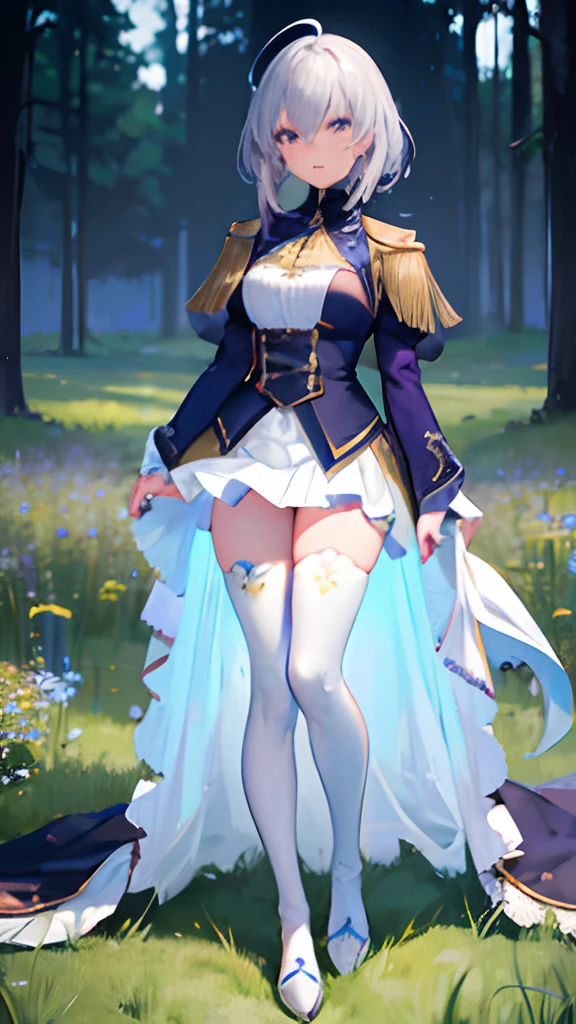 (Best Quality,4K,8K,hight resolution,masutepiece:1.2),Ultra-detailed,Textured skin, (Realistic,Photorealistic,Photorealsitic:1.37),nffsw,hyper HD,Studio Lighting,Ultra-fine painting,Sharp Focus,Physically-based rendering,extreme detail description,Professional,Vivid colors,Bokeh,girl,Grey Hair, hair over shoulder, hair splayed out, oblique bangs, Ahoge, bluish violet eyes,Underwear, white stockings,Light Blue Boots,standing in a grass field,sportrait,Soft color palette,Natural lighting