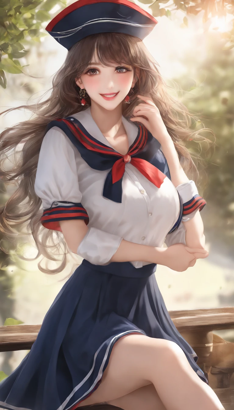 (8K), (top-quality), (RAW photography), (hyper HD), (tmasterpiece:1.3), (hentail realism), (Photorealsitic:1.2), (A high resolution), ultra - detailed, 1girll, INFP young woman, Extremely beautiful face and eyes, a small face, Big breasts Thin waist, Slim proportions, (校服, Girl in sailor suit), darkblue pleated skirt, Sailor suit red scarf, ultimate beauty girl,cheerful big breasts,(((Laughing))), Long hair,
