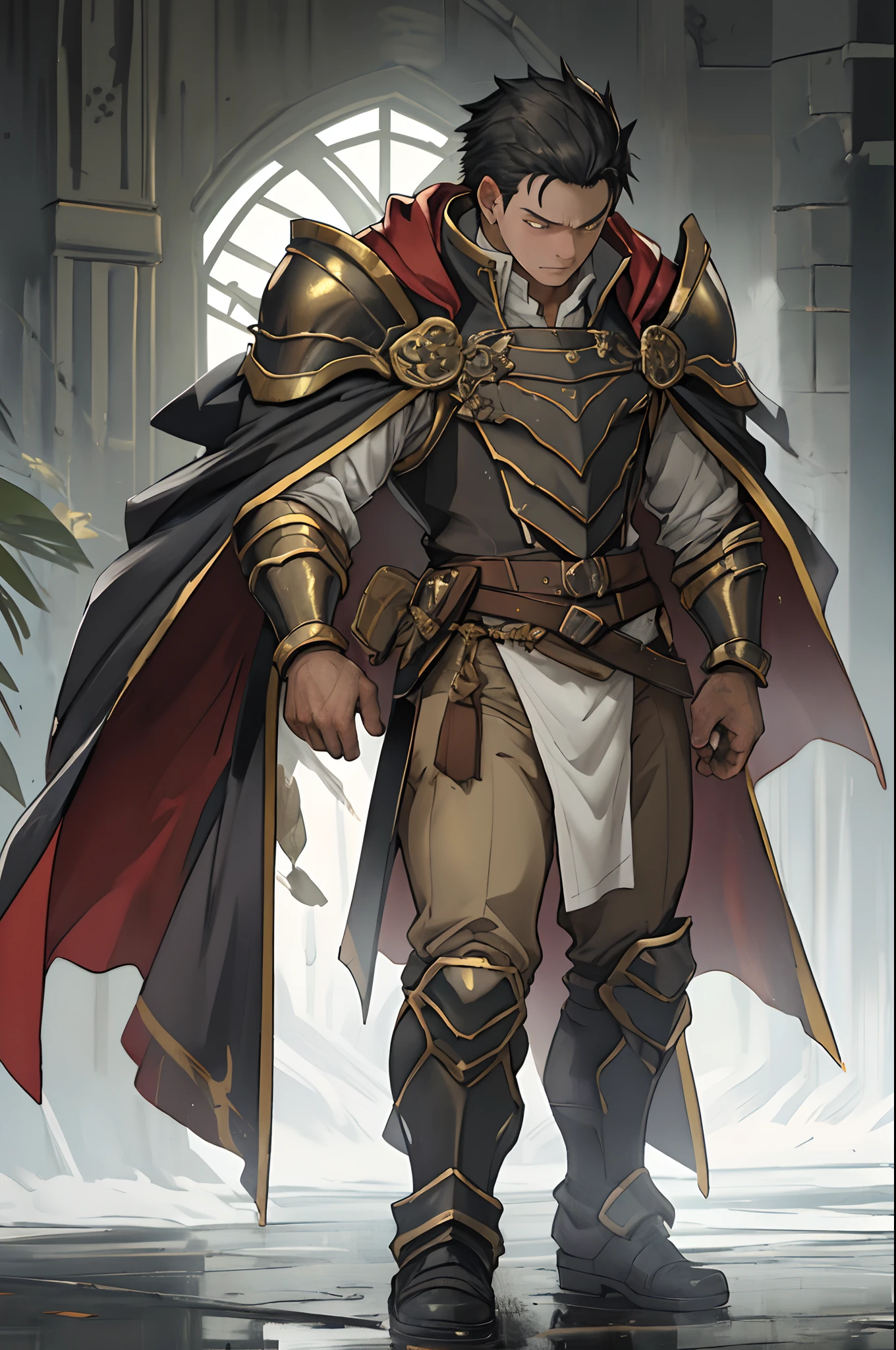 (1 Adult male),A high resolution, Sharp focus, Pixiv masterpiece, ((Complicated details)), highly detailed, natsuki_subaru, 1 man,Wear tight combat uniforms,Wear armor,perfect male figure,Urine on the trouser leg, Nervously bow your head,is shy,embarressed,exhilarated,is shocked,panicking,worry,A pool of urine formed around him,Very eager to pee,Unbearable,Wet yourself,Urine discharge,full bodyesbian,kneels on the ground,Tired,decadent, Yellow eyes(eyes glowing), Black hair short hair,Armour,Tie a belt,Cloaked,Cloak,Shoulder armor,perspire,Drenched,Get wet,pissing,urine flows down the pants,look from down