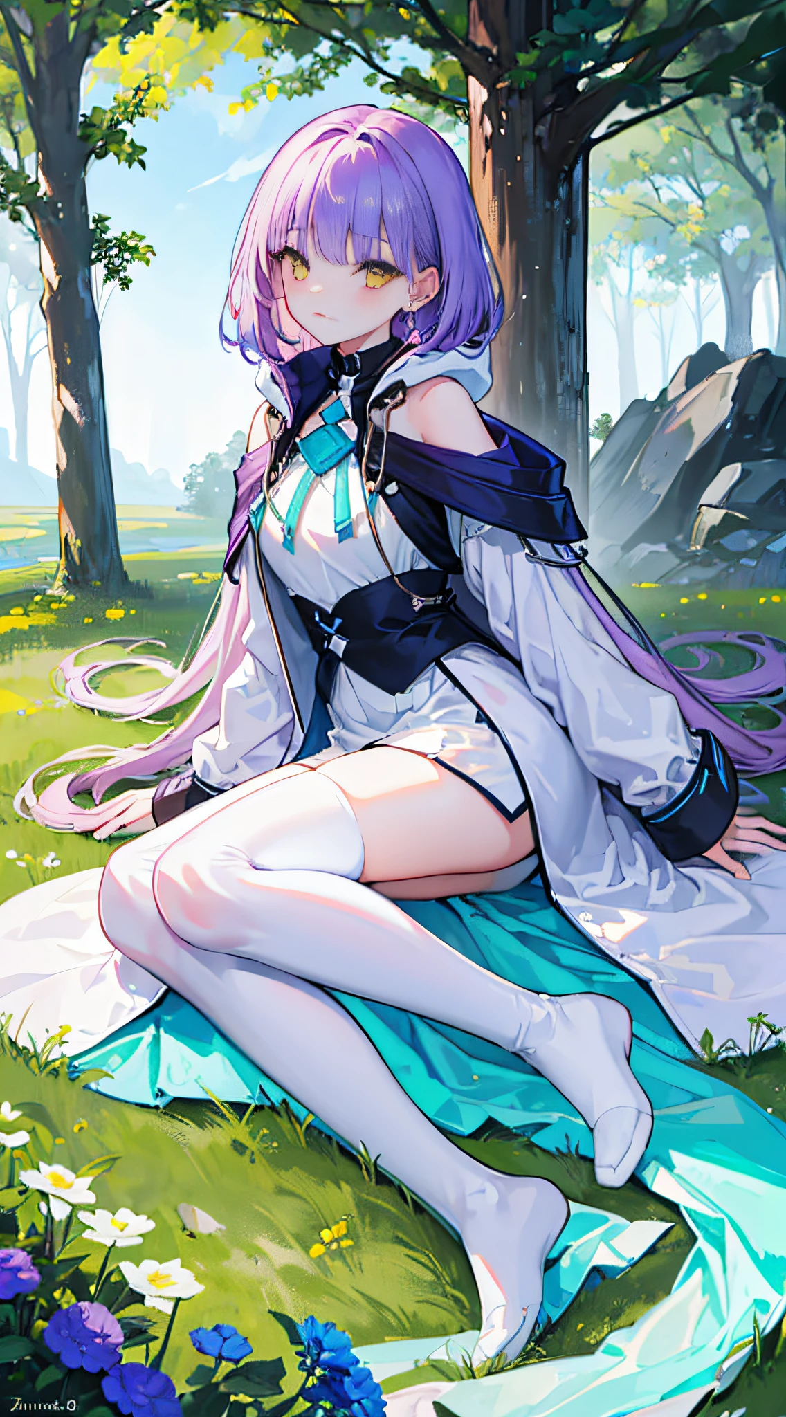 (best quality,4k,highres,masterpiece:1.2),ultra-detailed,realistic:1.37,a girl,shoulder-length,beautiful long luscious purple hair,freshly cut bangs,gorgeous yellow eyes,shimmering,mesmerizing gaze,exquisite detailed eyes and face,gaze,fair skin,hint of blush on her cheeks,soft pink lips,piercing look,stylish white wool coat with a hood,white ankle boots,black knee-high socks,blue sky in the background,lush green garden,soft sunlight shining,tranquil atmosphere