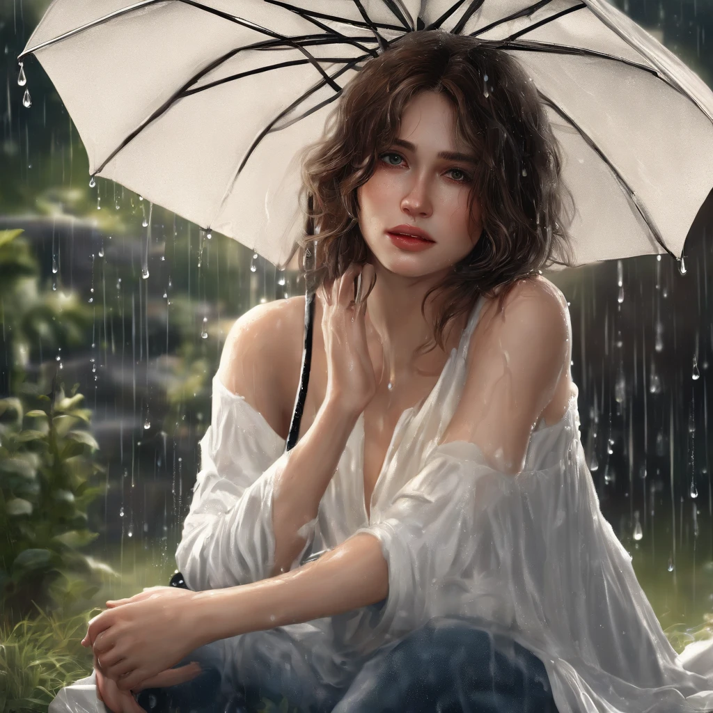 (Best quality, Masterpiece:1.2, A high resolution, Realistic:1.4), rained, Girl in the garden, White shirt, Torn jeans, White sneakers, rain drops, Soaked, Dimly lit, Darkness, despair, empathy, Impoverished, Cinematic, Tears, tear drop, (Torn clothes:1.5), (Wet clothes:1.4), Bare shoulders, Real rain, Wet hair.