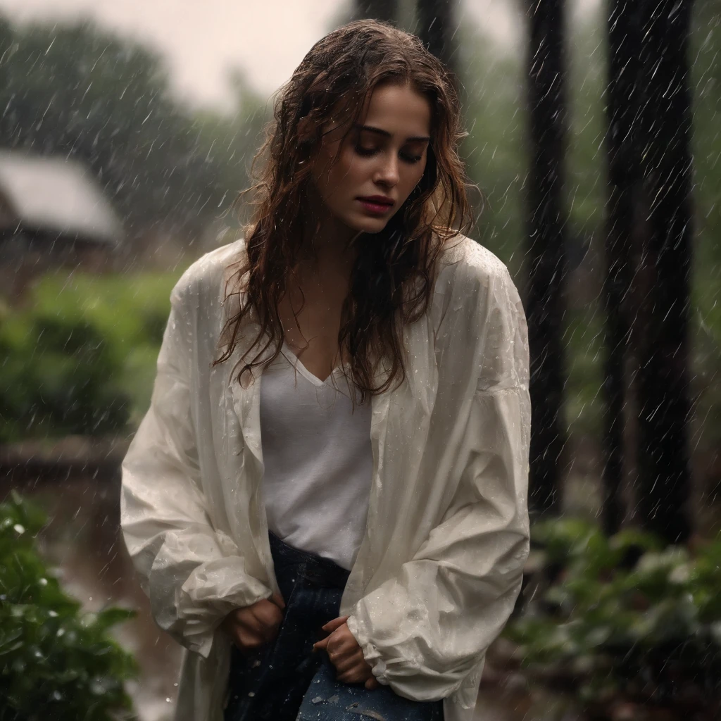 (best quality, masterpiece:1.2, highres, realistic:1.4), raining, girl in a garden, white shirt, torn jeans, white sneakers, raindrops, soaked, dimly lit, darkness, despair, empathy, impoverished, cinematic, tears, teardrops, (torn clothes:1.5), (wet clothes:1.4), bare shoulders, real rain, wet hair.