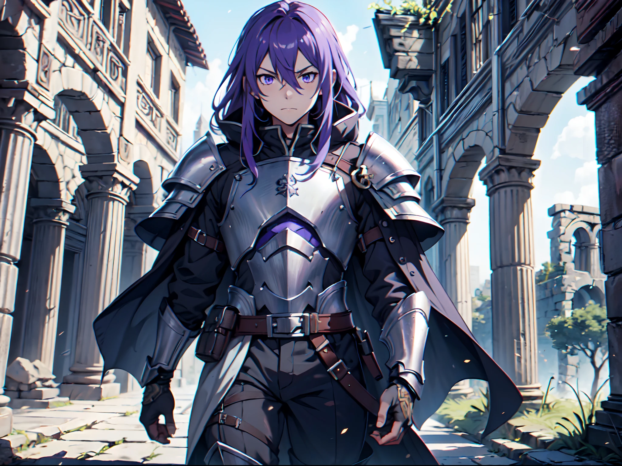 Ultra High Definition, Ultra High Quality, Extremely Detailed, 8k, 1 Boy, Rudeus Greyrat From Mushoku Tensei Anime, Handsome, Armored With War General Armor, Pure Purple Pupil Eyes, Long Haired Tied With Chinese Hairpin, Body To Legs Body Shot, Ancient Ruins Background,