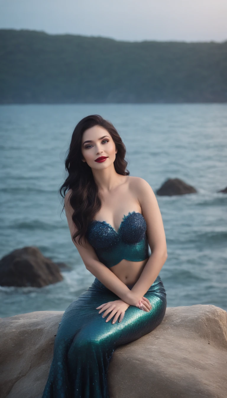 Create a haunting image that portrays of a navy blue mermaid woman, sitting on the rock and laughing, long black hair, dark red lips, dark make up, in the water, beach, sun, rock, blu eyes, ((hyper realistic mermaid tail)) ((hyper Realistic mermaid fin)) ((moon and stars in background))