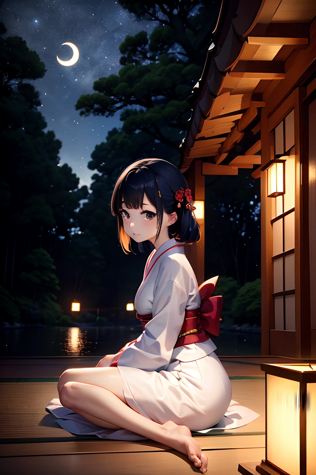 ultimate quallity,The 8k quality,Clear Detail:1.5,masutepiece, best, Night,1 female,Japanese Yukata,crescent,Pale moonlight,Faint light of fireflies,Dark forest and pond