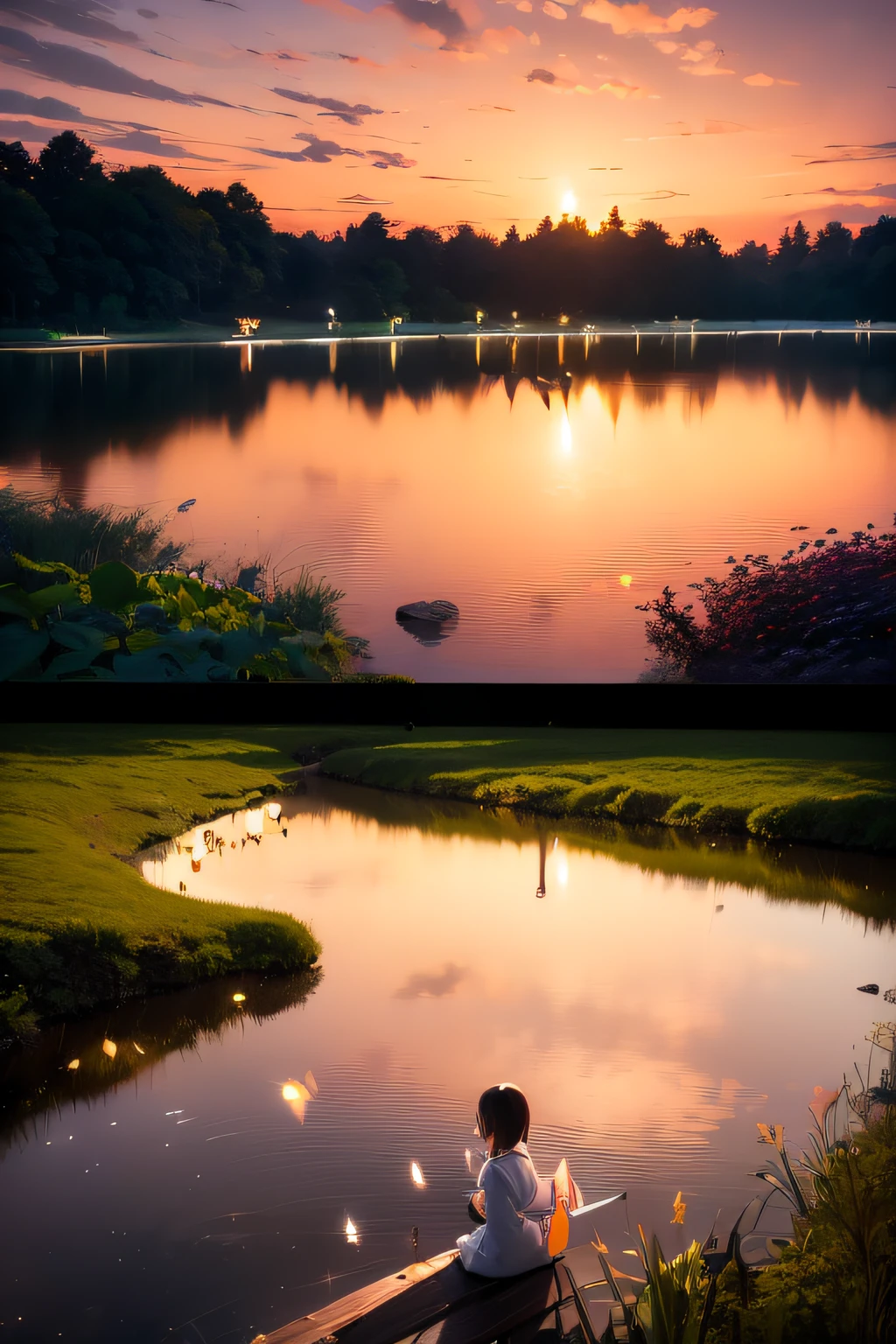 ultimate quallity,The 8k quality,Clear Detail:1.5,masutepiece, best, upper angle,Night,1 female,Japanese Yukata,Crescent,Pale moonlight,(((firefly:1.5,Faint firefly light))),Dark forest and pond