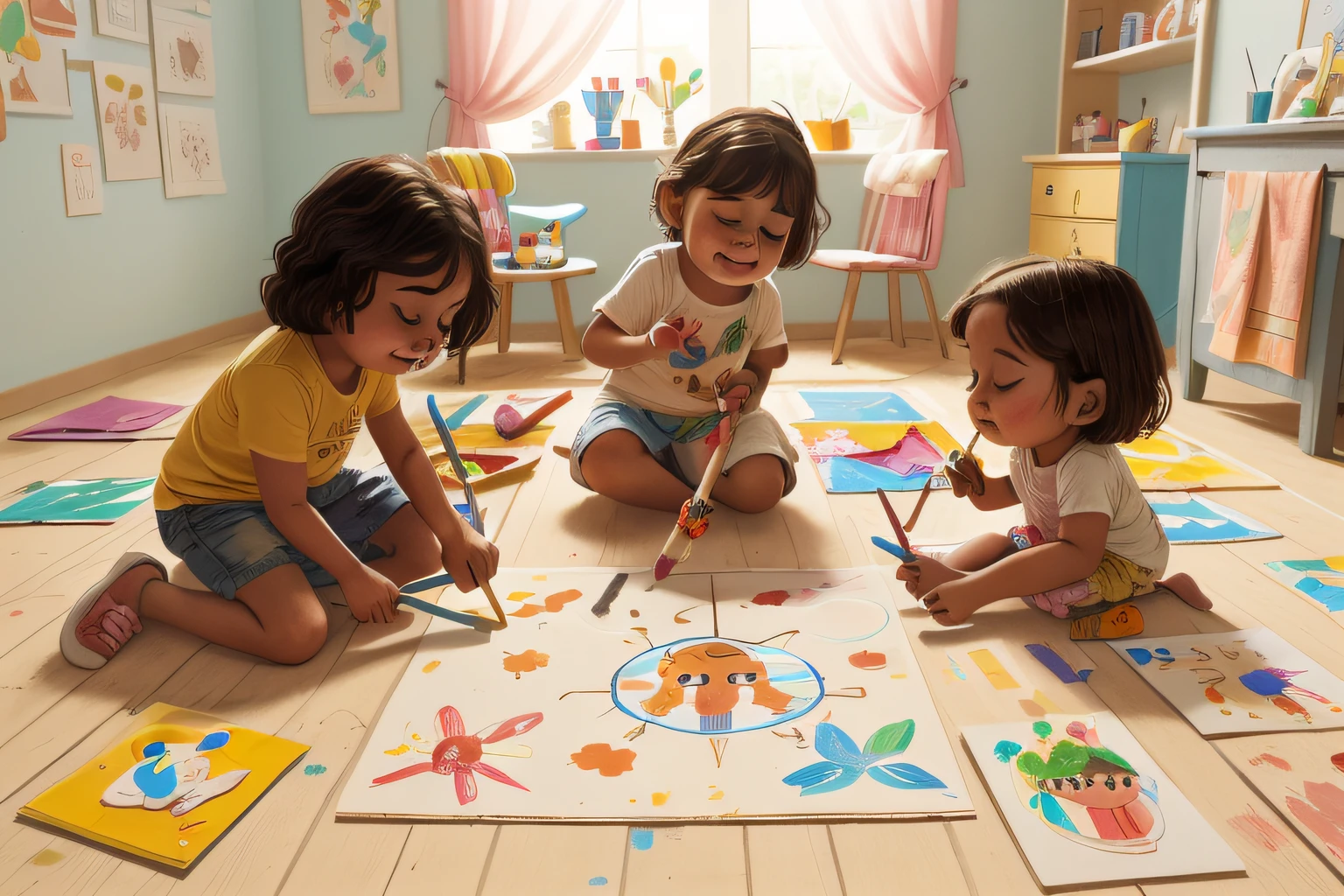 Closeup, Children painting on the floor, tinta espalhada, ambiente criativo e libertador
