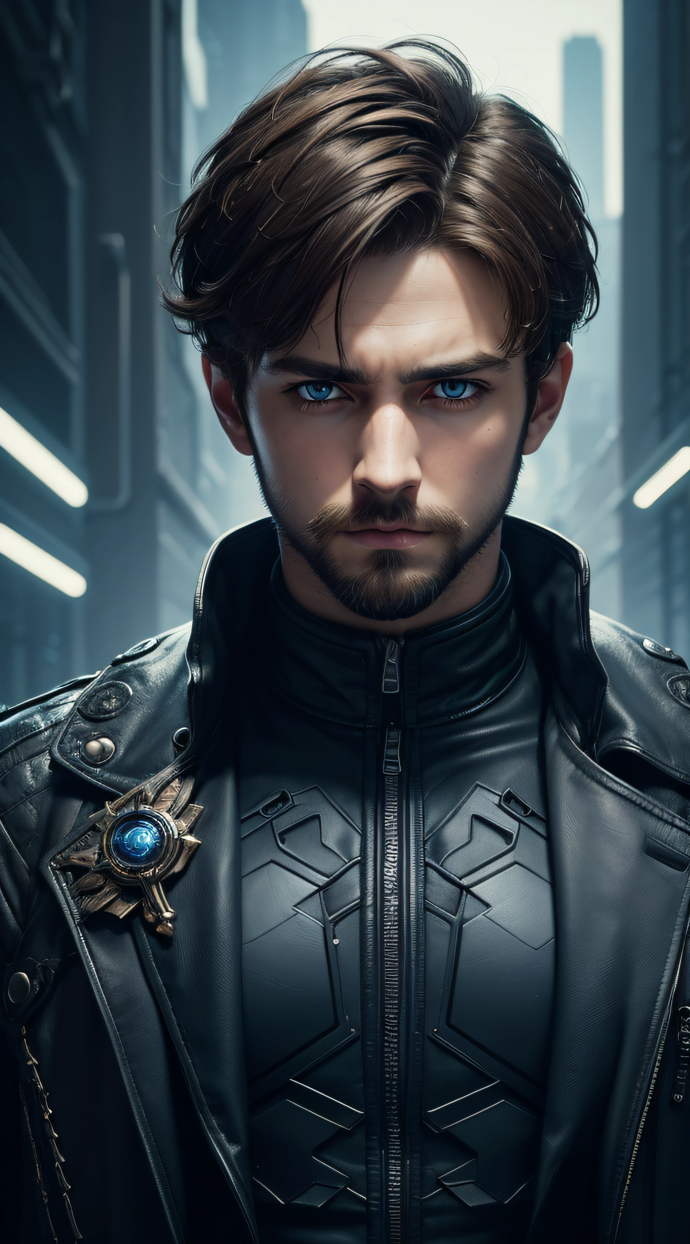 Unbeatable masterpiece, Ultra photo realsisim, Perfect artwork, Intricate details, Best quality, Strong light, High contrast, Cyberpunk, steampunk jacket(Masterpiece) , (Best quality) , (extremely detailed wallpaper CG unity 8k) , (best character detail:1.36), marshes, (delicated lines:1.24), (fantasy), (Cold light:1.2) , gothic jacket, black and blue combination coat, Color splattering , Colorful, colorful background, detailed eyes, cold eyes, sharp hunter eyes, detailed eyeshadows, blue eyes, royal king court background, brown hair, 1boy, matured boy, (short beard:1.3)(short hair:1.6), high high quality
