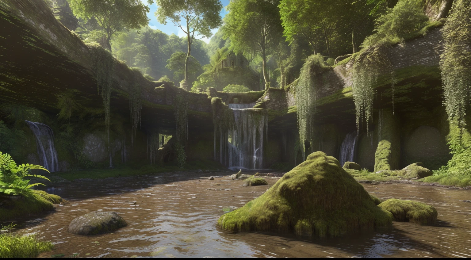 (masterpiece, best quality, high quality, highres:1.4), extremely detailed, ambient soft lighting, 4K,
outdoors, nature, forest, trees, grass, stones, (((an old catherdal ruin))), river, caustics, water flow, ripples, (waterfall:1.2), pond, jungle, lush leaves, fern,
