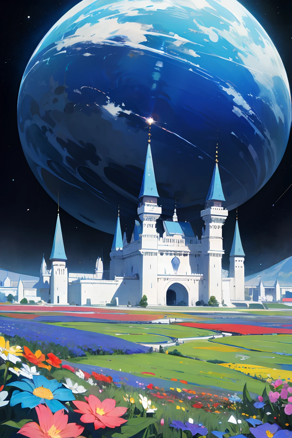 Land full of colourful flowers, white castle, background blue earth and other parts of the universe.