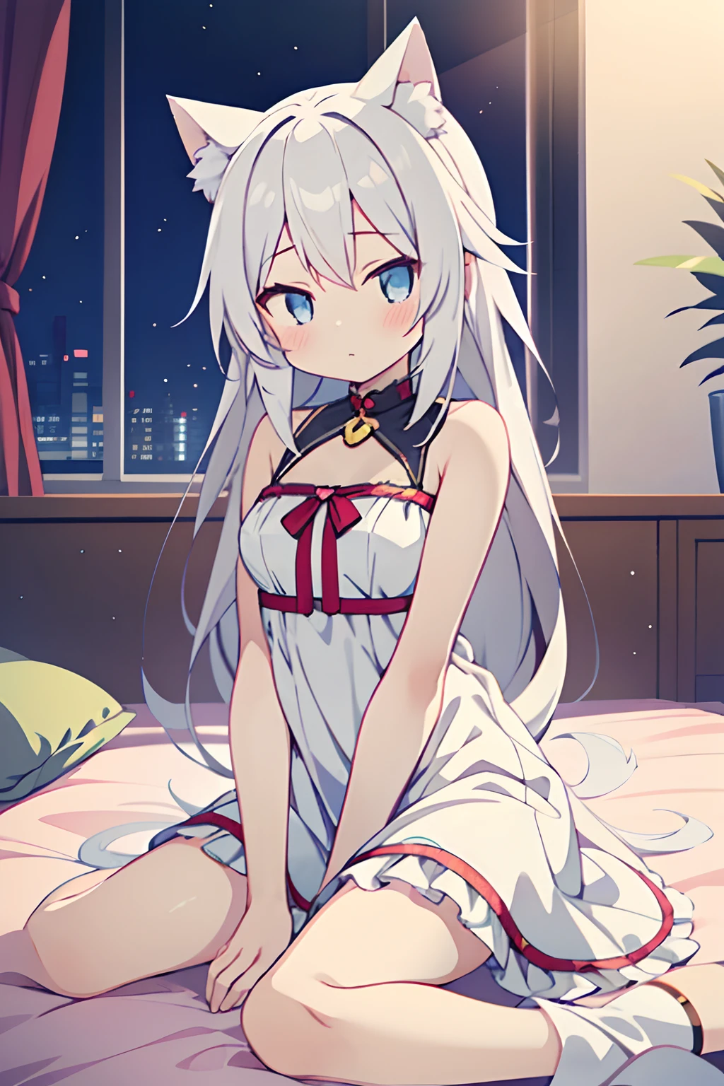 Long-haired anime girl sitting on bed, Cat ears, From Girl Front, Cute anime waifu wearing beautiful clothes, Seductive Anime Girl, white haired god, exquisitedetails. loli in dress, Anime 4K