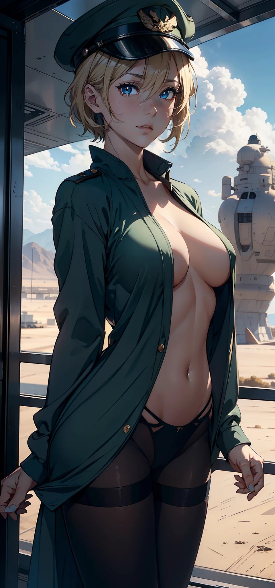 1female，35yo，plumw，extremely large bosom， 独奏，（Background with：A desert，aerodrome，Planes） She has very short blonde hair，bobo head，Stand on the plane，，seen from the front， hair straight， mostly cloudy sky，（（（tmasterpiece），（Very detailed CG unity 8K wallpaper），best qualtiy，cinmatic lighting，detailed back ground，beatiful detailed eyes，Bright pupils，Blue eyes，（Very fine and beautiful），（Beautiful and detailed eye description），ultra - detailed，tmasterpiece，）），facing at camera，A high resolution，ultra - detailed），revealing breasts，Bare genitalia，  Bulge，legs are open，Raised sexy，Camel toes，Flushed complexion，Desire for dissatisfaction，frontage，us airforce，Aviator，military hat（Wearing：Dark green robe，Black pantyhose，Bare breasts）