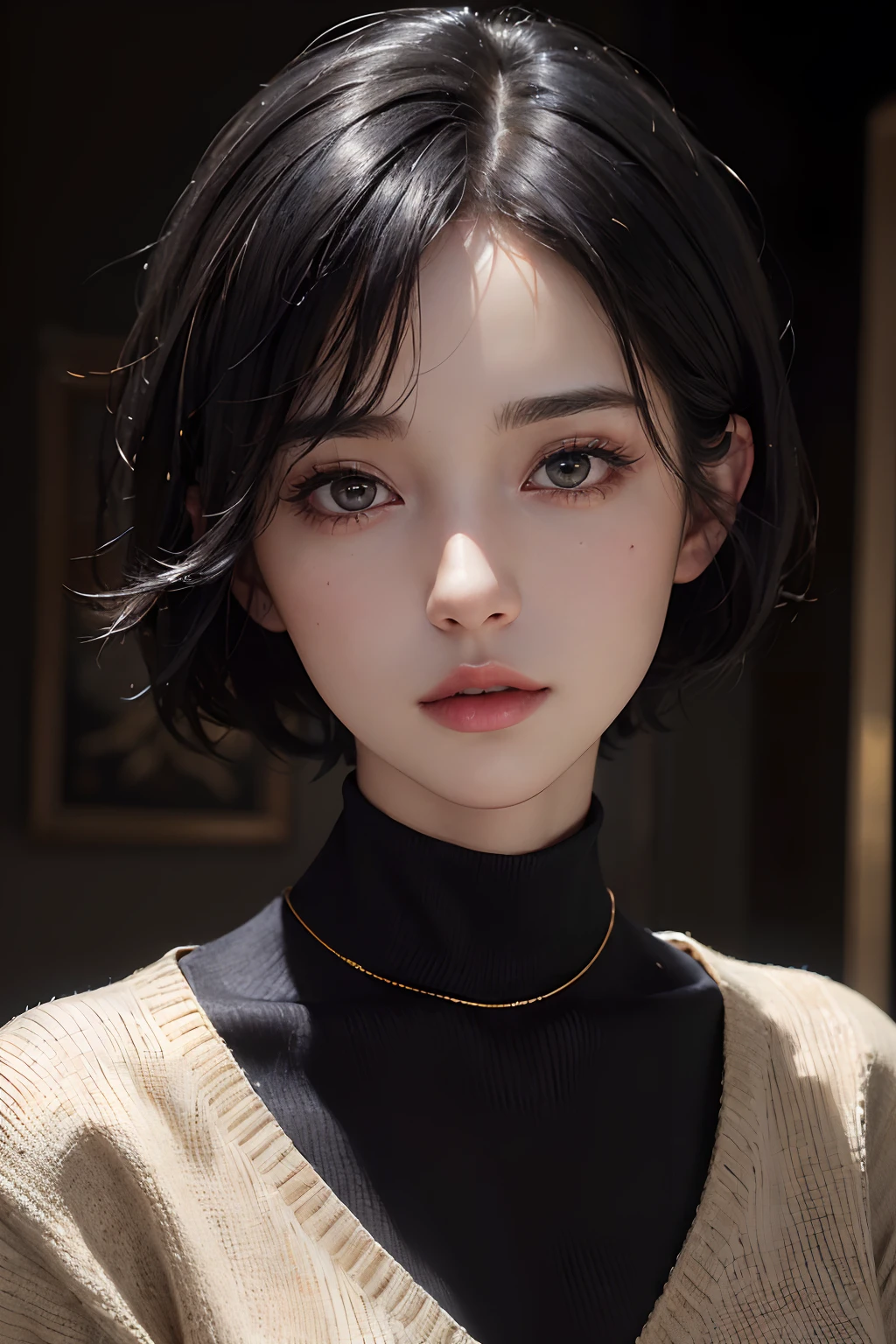 (masterpiece:1.3), (8k, photorealistic, RAW photo, best quality: 1.4), (1girl), beautiful face, (realistic face), (black hair, short hair:1.3), beautiful hairstyle, realistic eyes, beautiful detailed eyes, (realistic skin), beautiful skin, (sweater), absurdres, attractive, ultra high res, ultra realistic, highly detailed, golden ratio