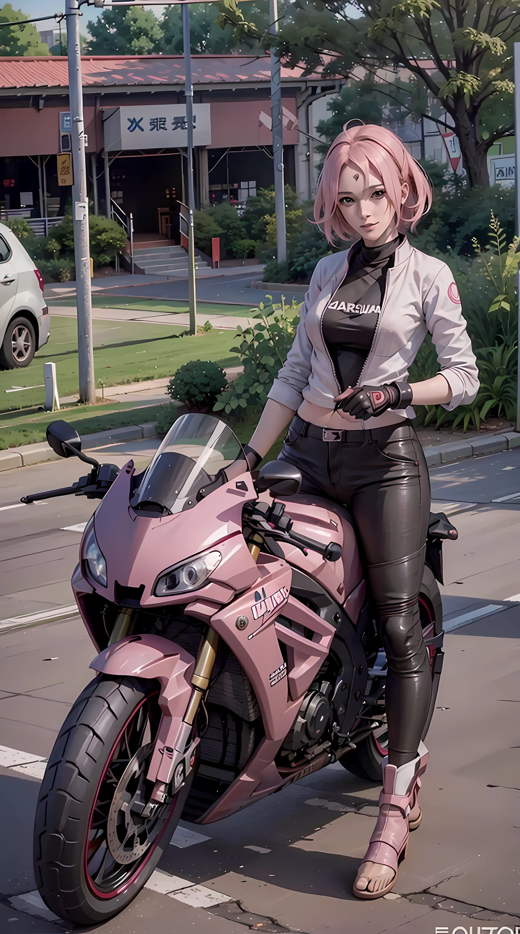 Haruno Sakura, forehead mark, Sakura from the Naruto anime, short hair, pink hair, motorbike, Kawasaki Ninja, beautiful, beautiful woman, perfect body, perfect breasts, riding a sports motorbike, red motorbike, wearing racing boots, wearing gloves, jacket black leather, black pants, in the parking lot, gas station, looking at the viewer, realism, a slight smile, masterpiece, leather textured, super detailed, high detail, high quality, best quality, 1080p, 16k