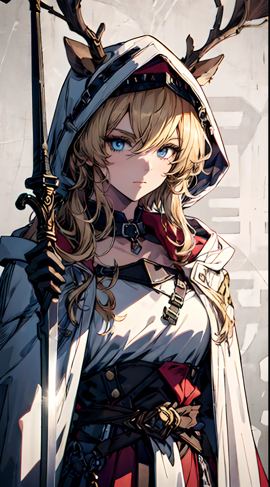 High contrast, (8K UHD:1.2), (Photorealistic:1.2),(Masterpiece:1.4), (Best quality:1.4),extremelydetailedwallpaper, Highly detailed illustrations, ((1 girl)) , (ultra intricately detailed) , 4k unity, (Masterpiece:1.2), (Best quality:1.2), (1womanl), (Masterpiece), A knight.
1 boy, wrinkles between eyebrows.
Blue eyes, Yellow hair, Long hair, Curly hair, side parted bangs.
He wears a red uniform, standing collar, Gold decoration, Collar, Cloak, perise, and white gloves.He has a sword on his waist.((Upper body))