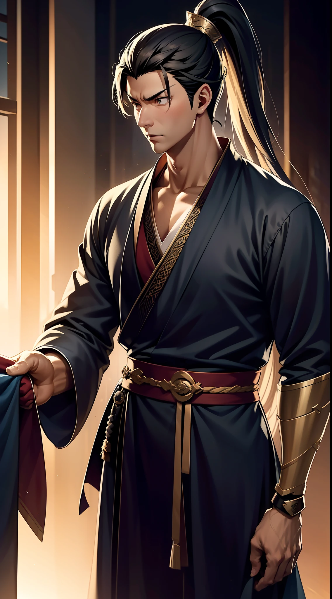 quadratic element，style of anime，mtu（Male Warrior），The proportions are correct，Face details，swordsmen，High ponytail hairstyle，Neck details，There is an Adam's apple，Black Hanfu，kaftan，black toga，clothes details，Handing over，longer sleeves，Game quality，Swordsmanship，Light and shadow tracking，Ray traching，detailed glow，cg render，hair detail，cabelos preto e longos，Black ㇏ eyes，Handsome，Handsome，（juvenile sense），Clothing is complicated，Perfectcomposition，Refinement，high qulity，higher details，Lots of details，The background is complex，a sense of atmosphere，