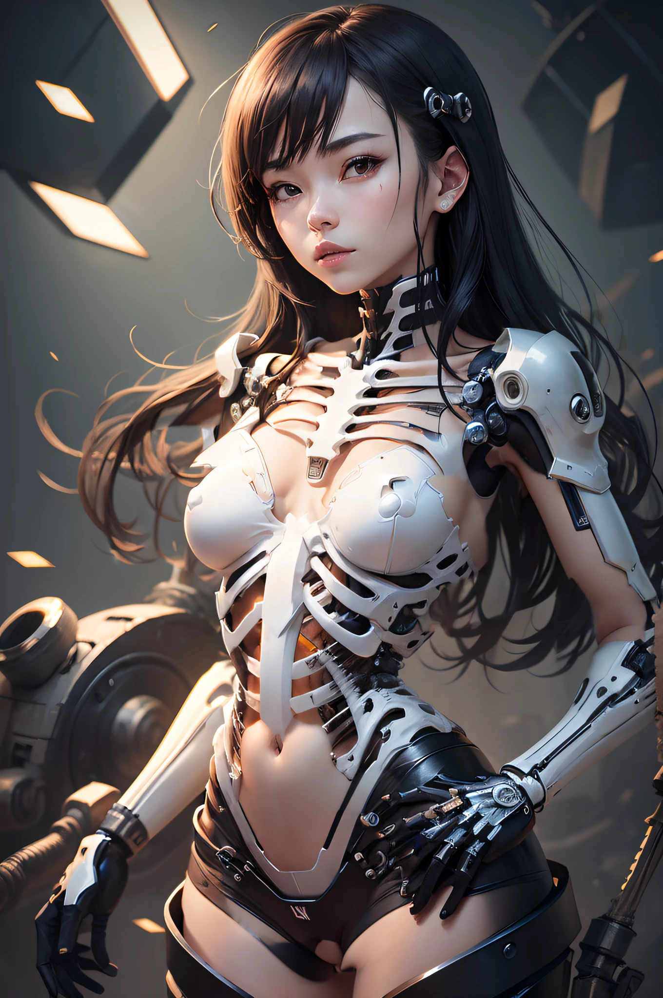 cyborgs Machine body wiring tubing bone-like angular skeleton, Iron bone Oil drains from crotch Female Android Low bone count Rounded joints like bearings Metal K Keiko Mikami