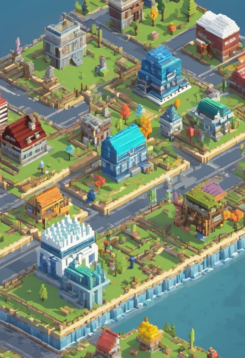 **Large arctic fence around town with 20 buildings, isometric, 科幻小说, 。.3D, game art, retro sci-fi