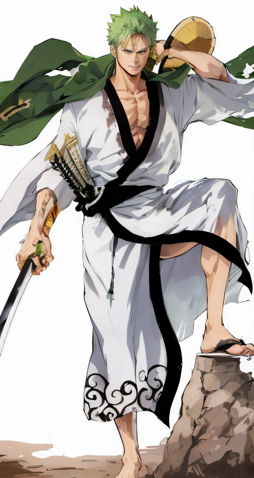 a cartoon of a man with green hair holding a sword, roronoa zoro, bleach manga style, eiichiro oda style, shikanosuke yagaki, ichigo kurosaki, hijikata toushirou of gintama, style of eiichiro oda, miyamoto musashi, inspired by Eiichiro Oda, flowing white robes