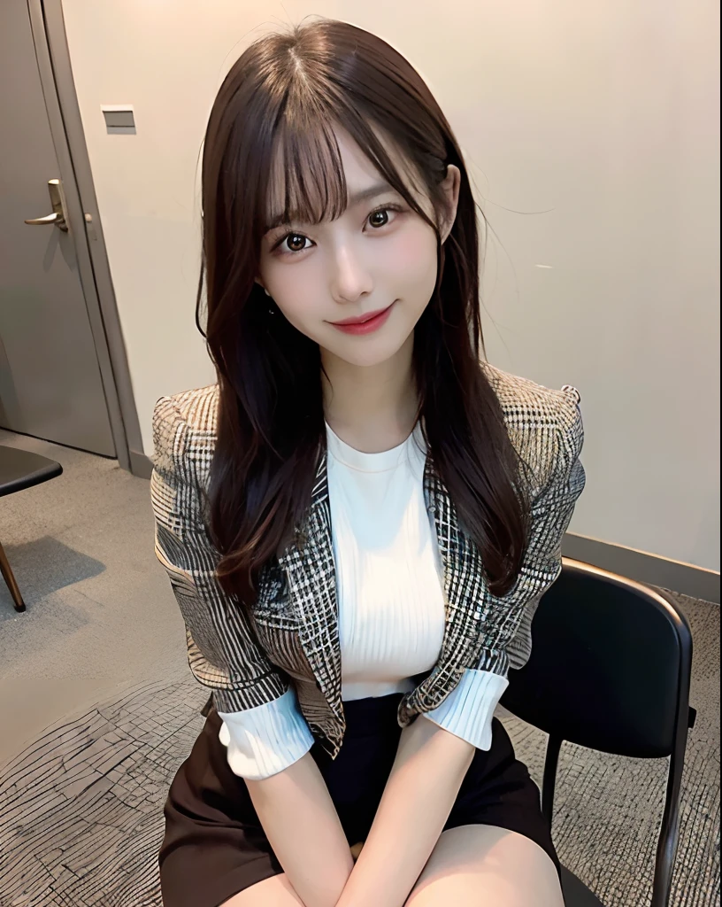 ulzzang-6500-v1.1, (RAW photo:1.2), (Photoreal), (genuine:1.4), 1with a girl、very cute girl、21 years old、game_nffsw, ((super realistic pantyhose:1.3)), ダークブラウンのeye(eye), smile of shame、plaid vest、skirt and thighs、sitting on the bed in the bedroom、curly hair、realistic skin texture、shiny skin、exposed thighs!!! , compensate、 Do not wear shoes, (toes)、(business services)、(very kind smile:1.2)、