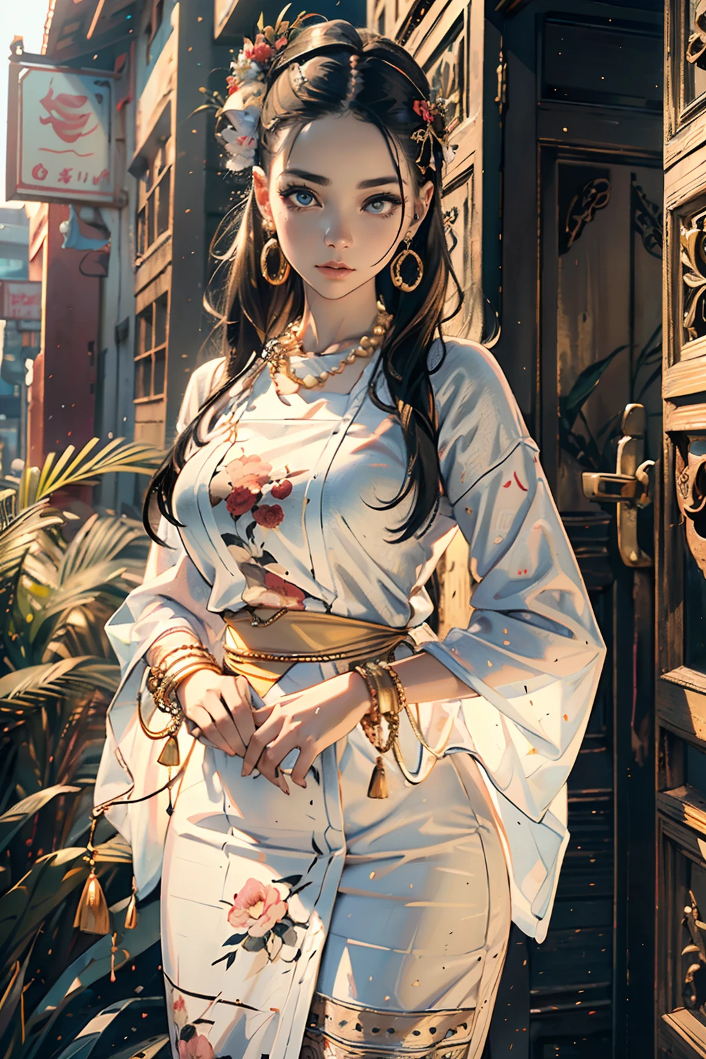 (best quality,4k,8k,highres,masterpiece:1.2),ultra-detailed,(realistic,photorealistic,photo-realistic:1.37), MMTD Burmese patterned traditional dress, beautiful lady wearing the dress, detailed eyes and face, long eyelashes, wear pearl necklaces and gold bracelets, soft natural lighting ,ancient city,standing full body details