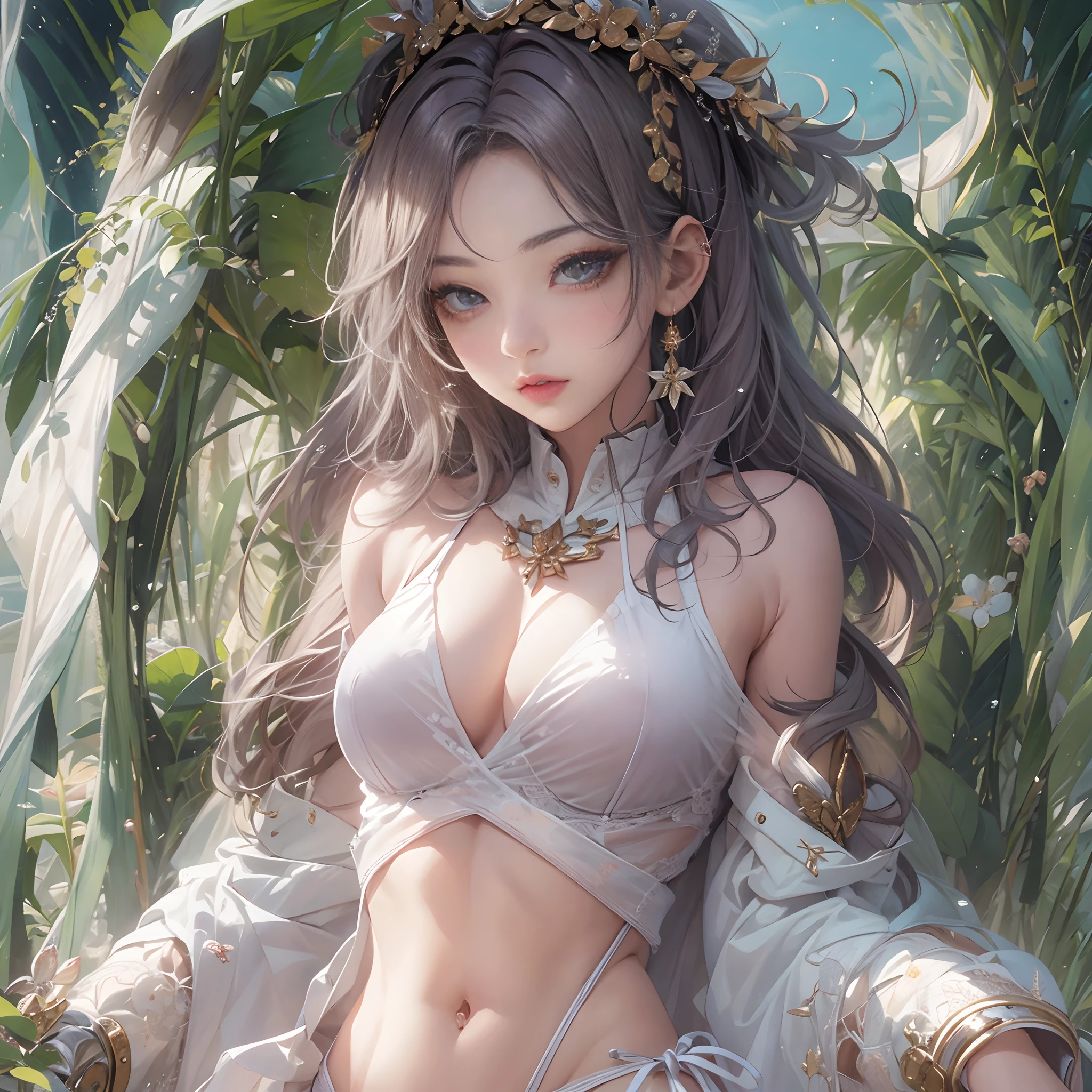 ((Masterpiece, Highest quality)), perfectly proportions,full bodyesbian, Full of details, beuaty girl,(hyperdetailed face, Highly detailed lips, Detailed eyes, Double eyelids), There is 1 mole on the right breast,White see-through bikini,High Balance, Overhead halo,Natural light,