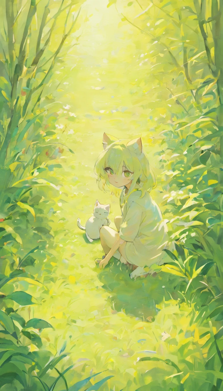 Cats（（Stay with the cat１.５））、full body Esbian、girl with、
(PastelColors:1.5)、(Cute illustration:1.5)、(watercolor paiting:1.2)、Green grass