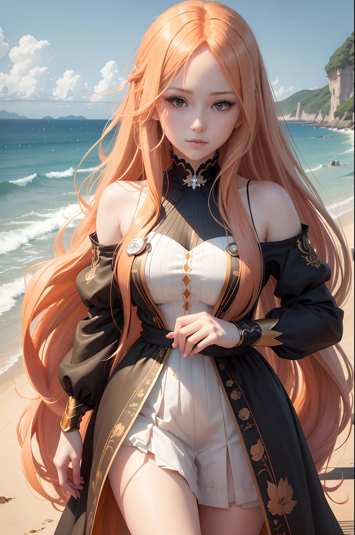 a woman with long orange hair and green eyes standing in front of the ocean, beautiful anime portrait, blonde anime girl with long hair, detailed portrait of anime girl, stunning anime face portrait, detailed digital anime art, anime girl with long hair, artwork in the style of guweiz, portrait anime girl, anime visual of a cute girl, beautiful anime face