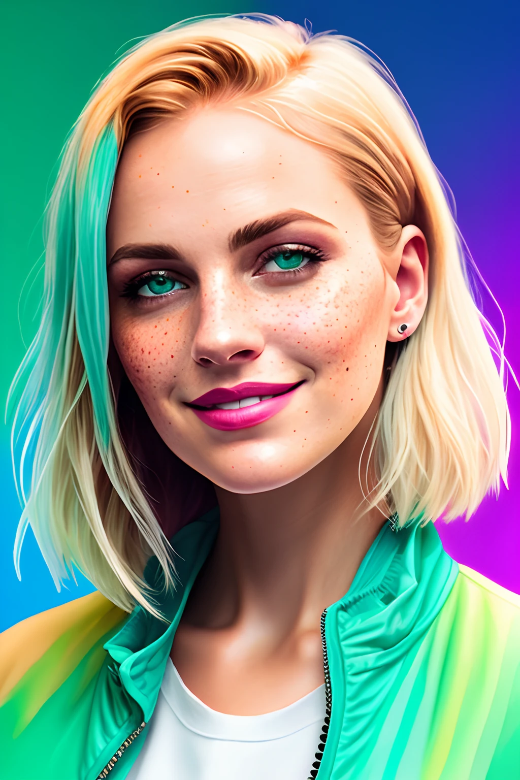Portrait of a beautiful smiling woman with freckles, red straight shoulder-length hair, green-blue eyes, in a mint-colored jacket, Cosmic theme,
synthwave watercolor painting on canvas trends in artstation dramatic lighting abstract expressionism pastel shades of tone (hd) golden ratio details aesthetics octane render excellent composition natural textures 8k oil painting masterpiece canon eos r4s 50