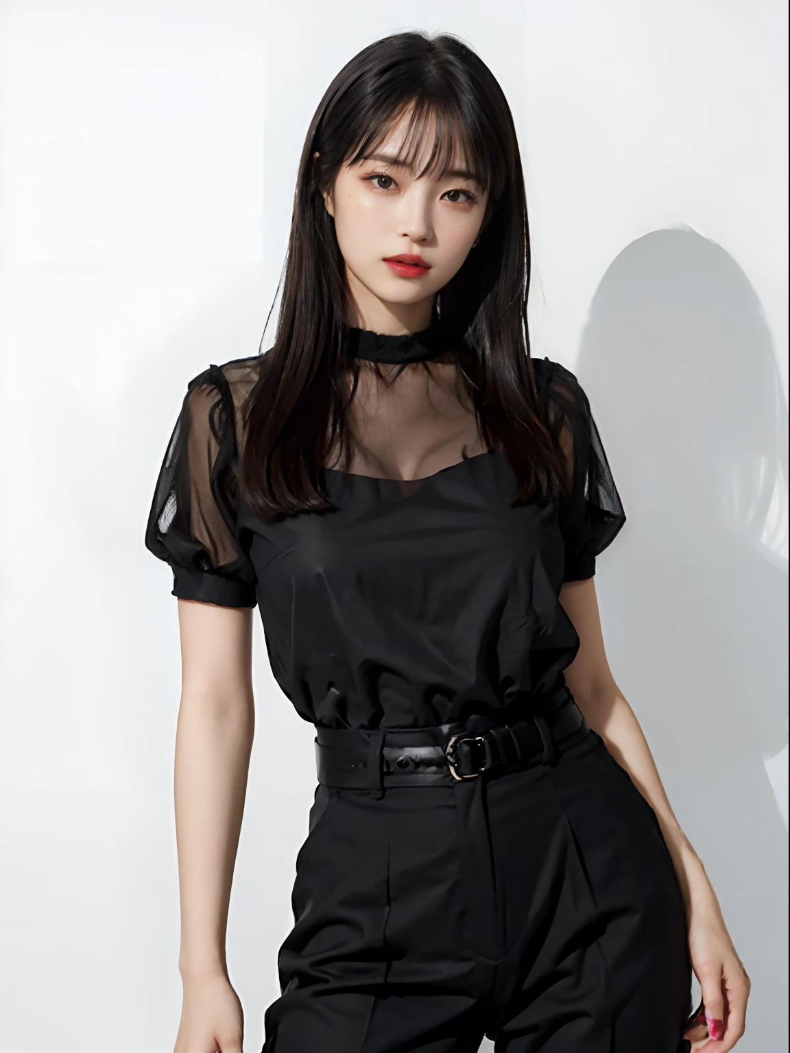 girl with, bangss, Black pants, breastsout, Breasts squeezed together, White background, hair between eye, huge-breasted, length hair, FULL BODYSHOT, cparted lips, red eyes, The shirt, simple background, 独奏, You can understand the texture of the fabric,silk dress gray hair,(shinny skin),(masterpiece:1.4),(top-quality:1.4),A MILF,Facigirl,red-lips、Stood up