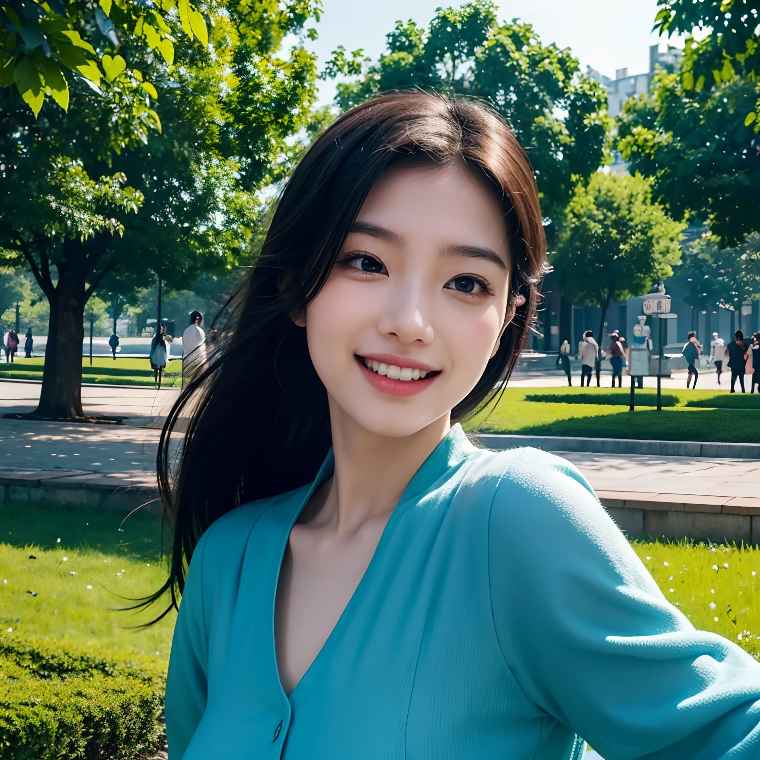 tmasterpiece，Best quality，An energetic young girl(Young girls：1.3)In a bustling city park(Urban parks：1.2)。Full of prunes、cheerful big breasts、vivaciousness(vivaciousness：1.3)，She has sparkling eyes(sparkle eyes：1.2)and big smile(radiantsmile：1.4)。Hayao Miyazaki's contemporary digital art，vibrant with colors，The details are complex，A bit whimsical。