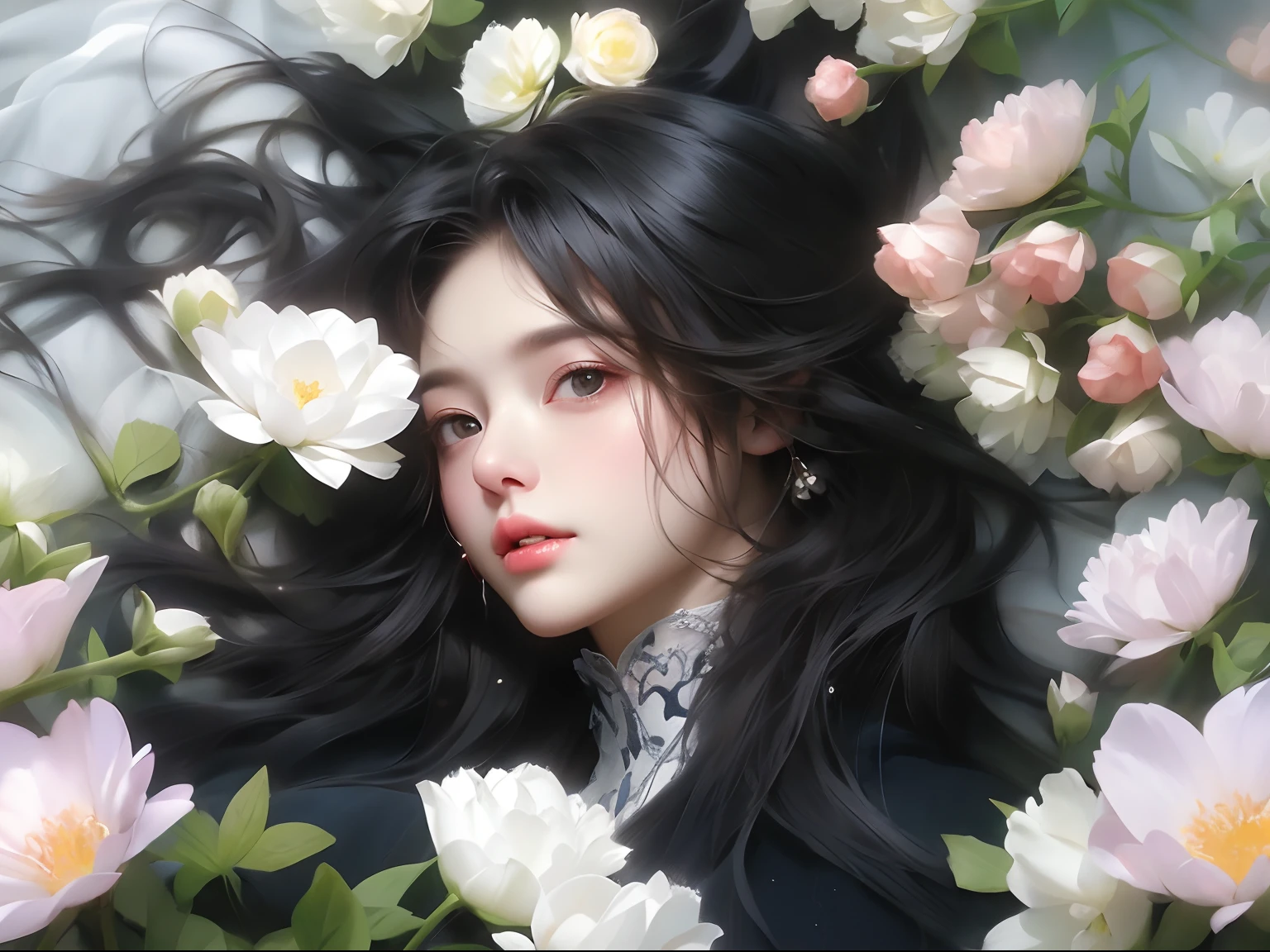 1 girl, upper body portrait close-up, black hair, flowing hair, hazy beauty, extremely beautiful facial features, purple embroidered dress, hairpin on head, lying in a flower bush, hands on the face, perfect anatomy, white flowers, (spring, rainy days, terraces, mountains), simple vector art, contemporary Chinese art, soft light, entangled scarf, looking down
