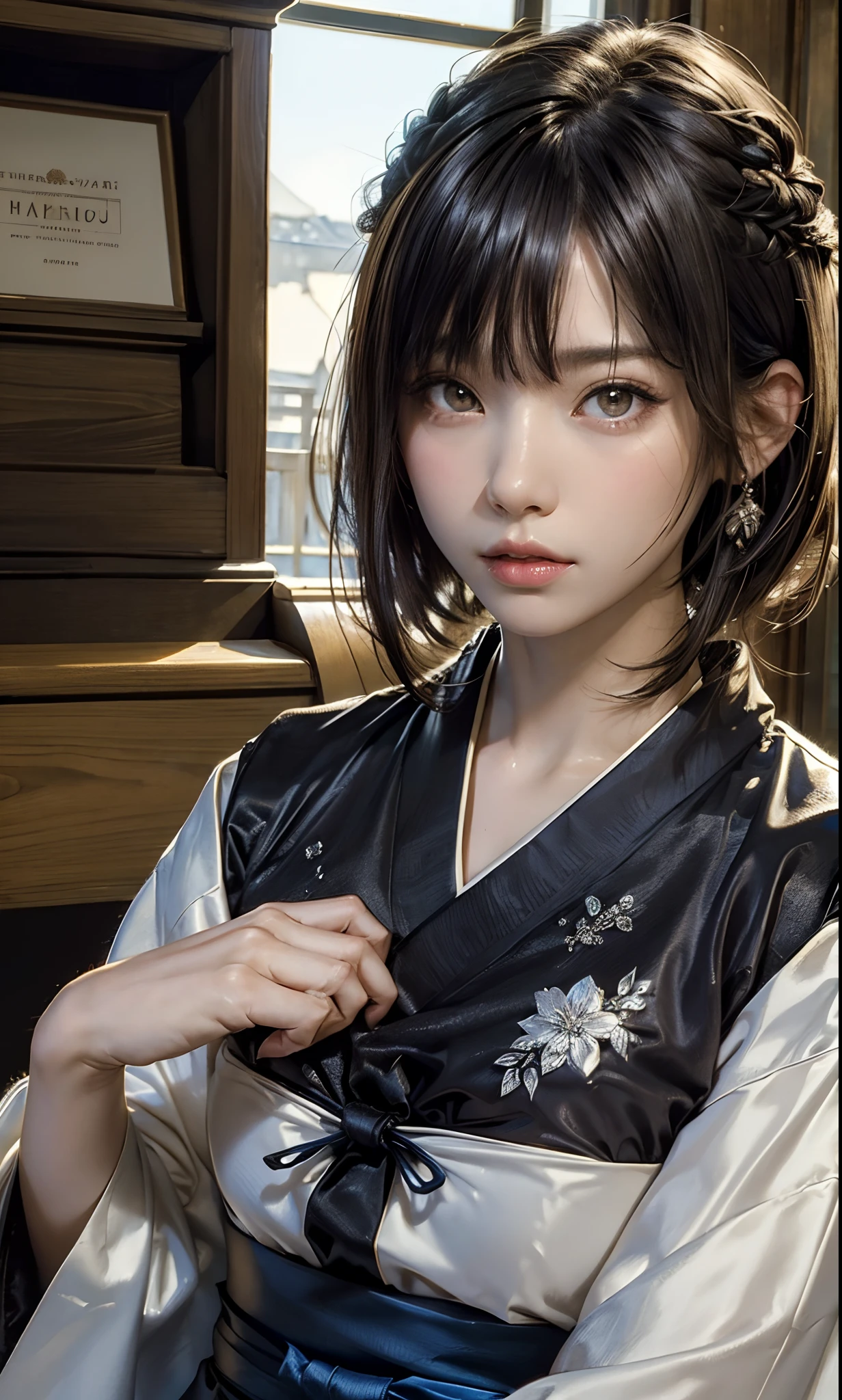 ((top-quality、​masterpiece:1.3))、sharp:1.2、Perfect Body Beauty:1.4、((Layered hairstyle))、(Kimono:1.1)、(shrines:1.2)、Highly detailed facial and skin texture、Detailed eye、二重まぶた、((short-length hair))、boyish、Cool、((unisex))、big eye、bangss、((One Woman))、Black eyes、tying  hair、hair adornments、