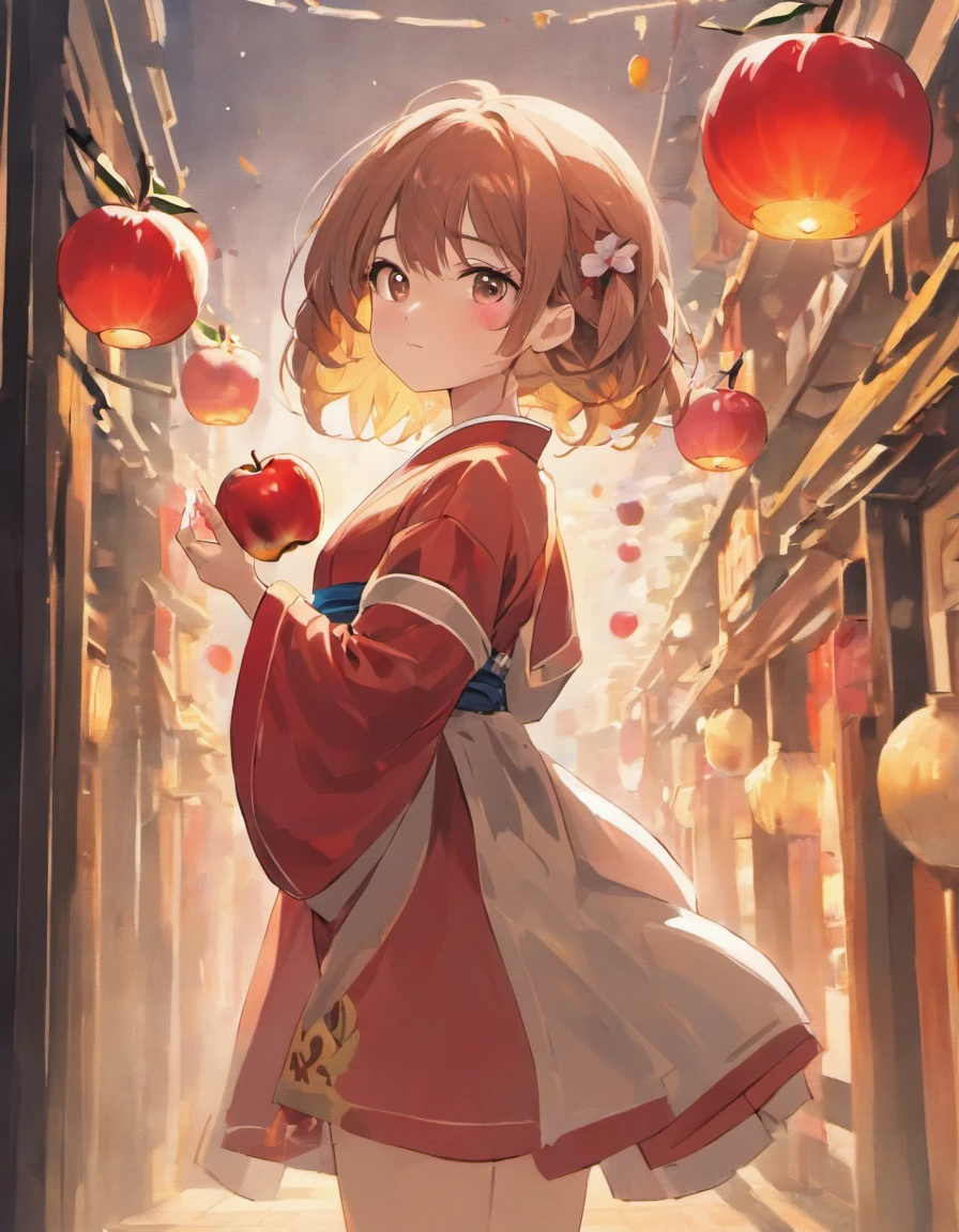 Girl with red apple in hand, anime style 4 k, Detailed Digital Anime Art、A dark-haired、short-cut、Light-colored yukata、Yukata Girls, Summer Festivals、natta、detailed fan art, digital anime illustration