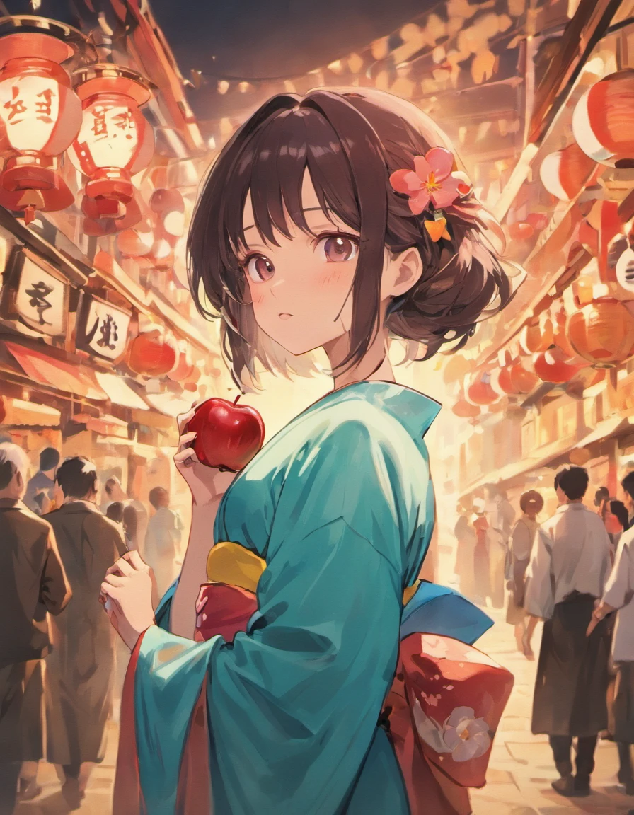 Girl with red apple in hand, anime style 4 k, Detailed Digital Anime Art、A dark-haired、short-cut、Light-colored yukata、Yukata Girls, Summer Festivals、natta、detailed fan art, digital anime illustration