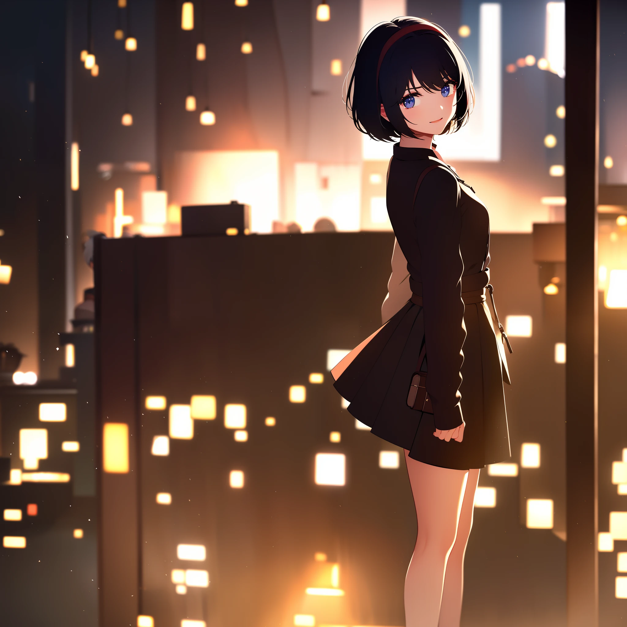 Best quality,Masterpiece,cinematic Film still from,1womanl,with short black hair,largeeyes,short skirt,facing to audience,The upper part of the body,ssmile