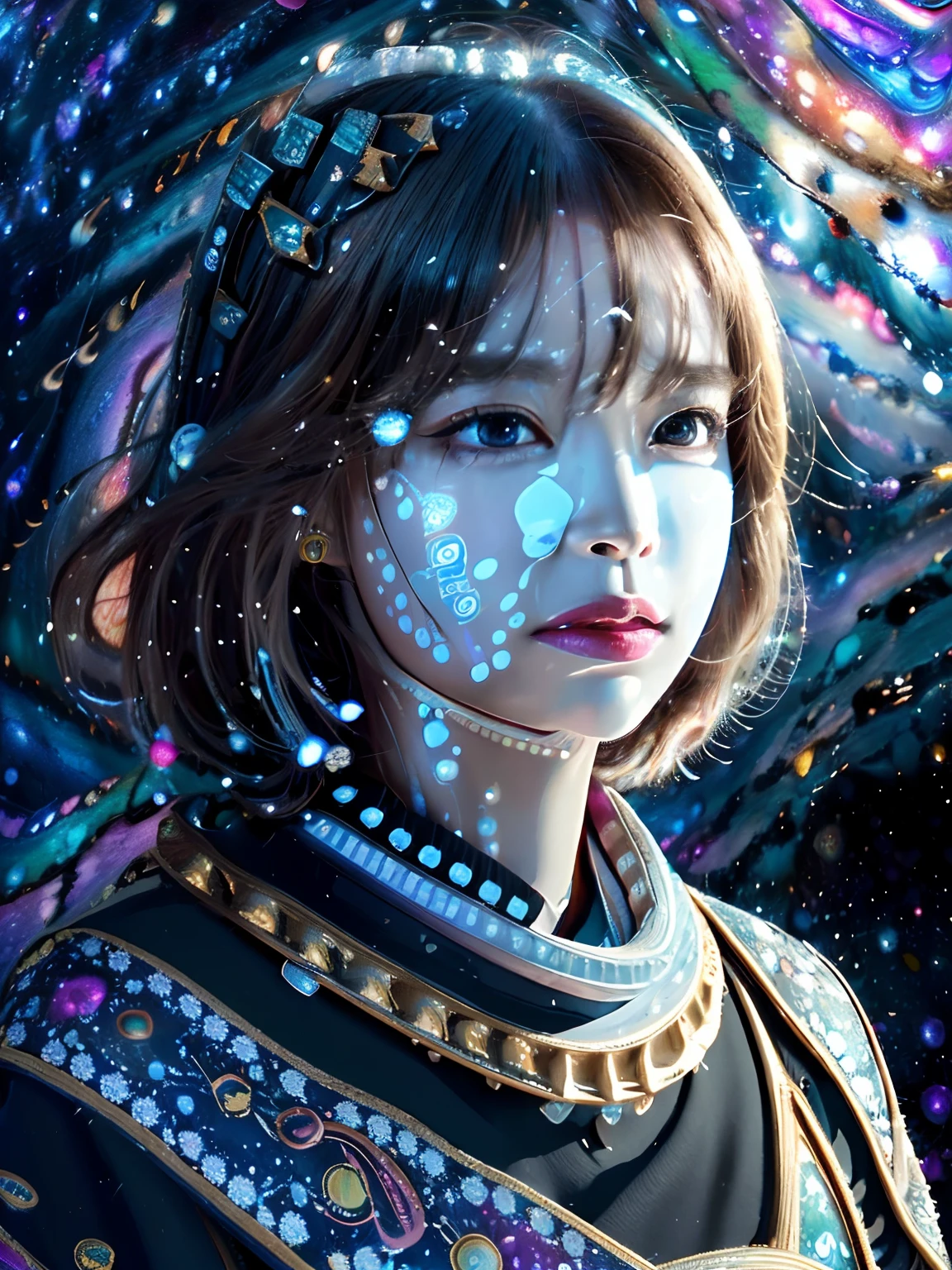 8K (very high res, Incredibly detailed, Masterpiece), Complex close-up portrait of a beautiful girl,He has the universe and stars in his eyes ,beautiful face,In space , Has fractal geometry (Vibrant colors:0.6), goal (Milky Way Galaxy background:1.8), Comprehensive complex, Mesmerizing shapes and patterns,twoddle ,Fractal art,stars and galaxies