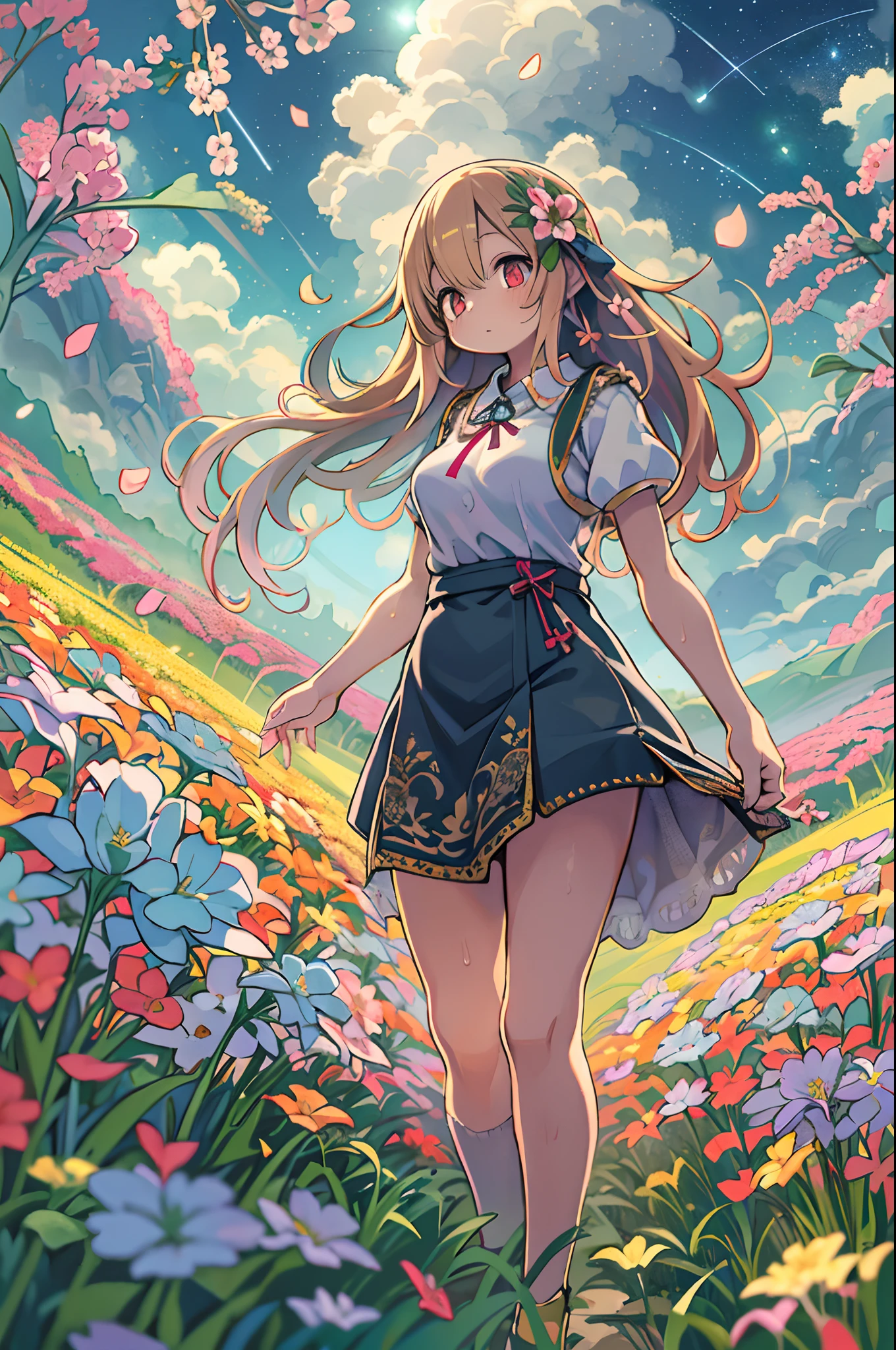 There is a girl standing in a flower field and looking up at the sky, Girl Standing In A Flower Garden, girl walking in flower field, Lost in Dreamy Wonderland, stands in a flowering field, Awesome digital painting, Sky is Xu々It will be sunny to, Starry sky is Xu々Retreat to