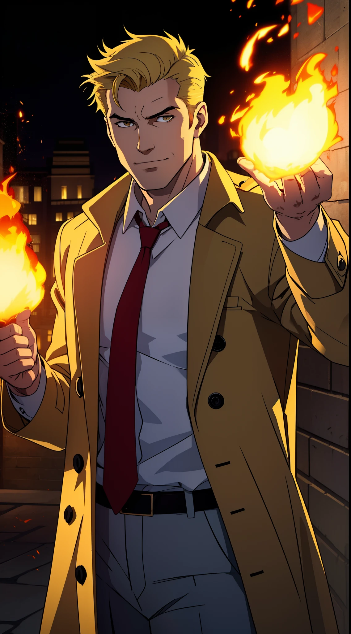 1 man, solo, John Constantine, British man, tall, lean muscle, (big long baggy faded plain yellow trench coat), red necktie, ((loose untidy white shirt)), ((black trousers)), making a fireball out of his right hand, smirks, light blond hair, crew cut hair style, hades style fire, dark Liverpool street in the background, nightime, best quality, 4k, upper body shot, wallpaper