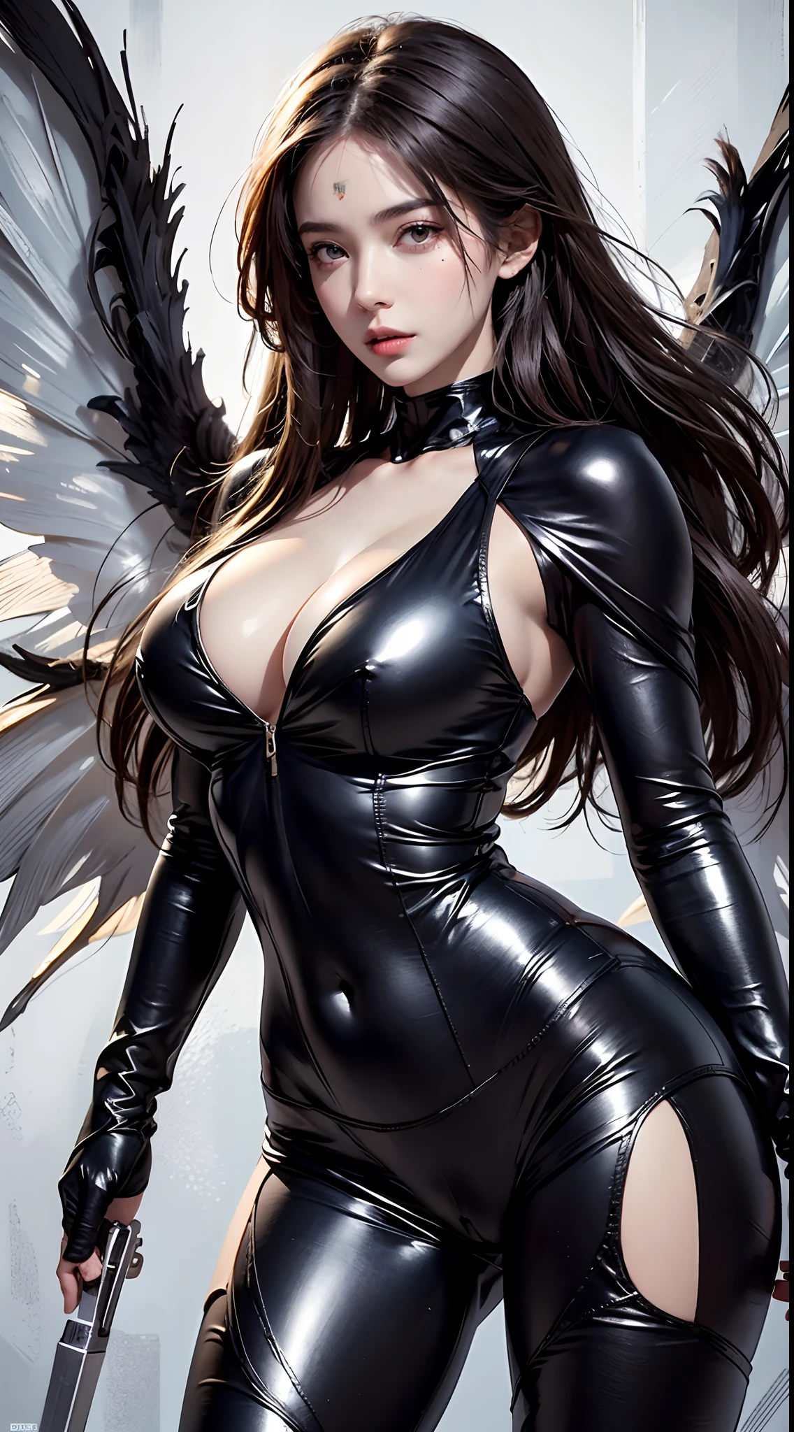 photorealistic, high resolution, 1women, mature female, solo, hips up, long hair, facial mark, bodysuit, skintight, cleavage, black hair, cowboy shot, collarbone, parted lips, weapon, void wings